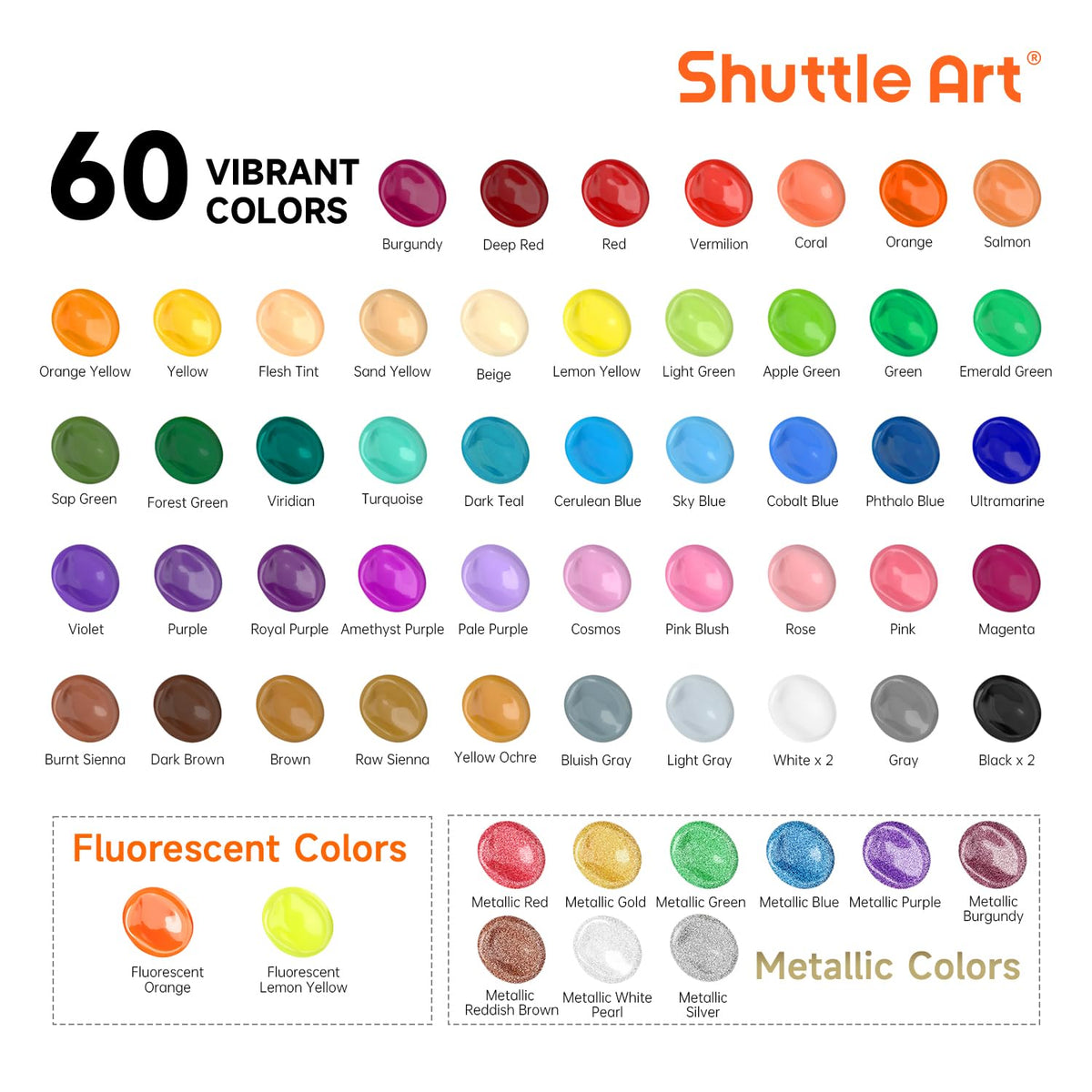 Shuttle Art Acrylic Paint, 36 Colors Acrylic Paint Set with Brushes & Palette, 2oz/60ml Bottles, Rich Pigments Non-toxic for Artists Kids & Adults, Painting on Canvas Rocks Ceramic Wood Jansha Store
