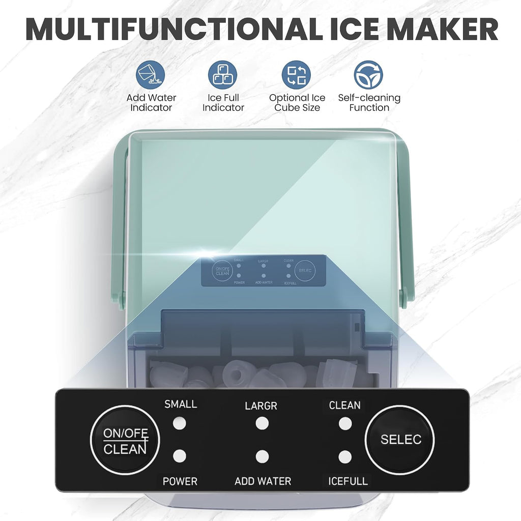 DUMOS Countertop Ice Maker with Handle, 26lbs/24H, Makes 9 Bullet Cubes in 6 Mins, Auto-Cleaning, Portable Ice Machine for Home Kitchen RV Camping, Green Jansha Store