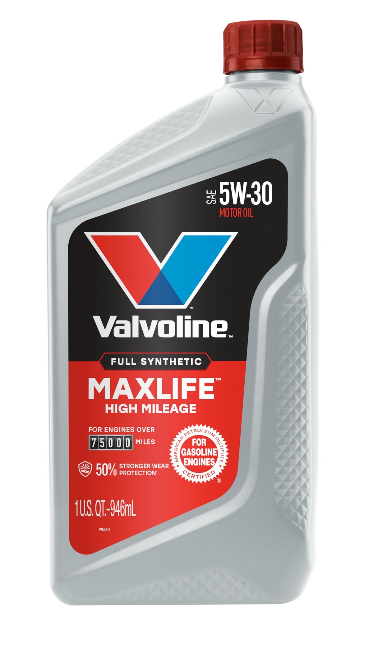 Close-up of 5W-30 synthetic blend oil jug cap and handle for easy pouring