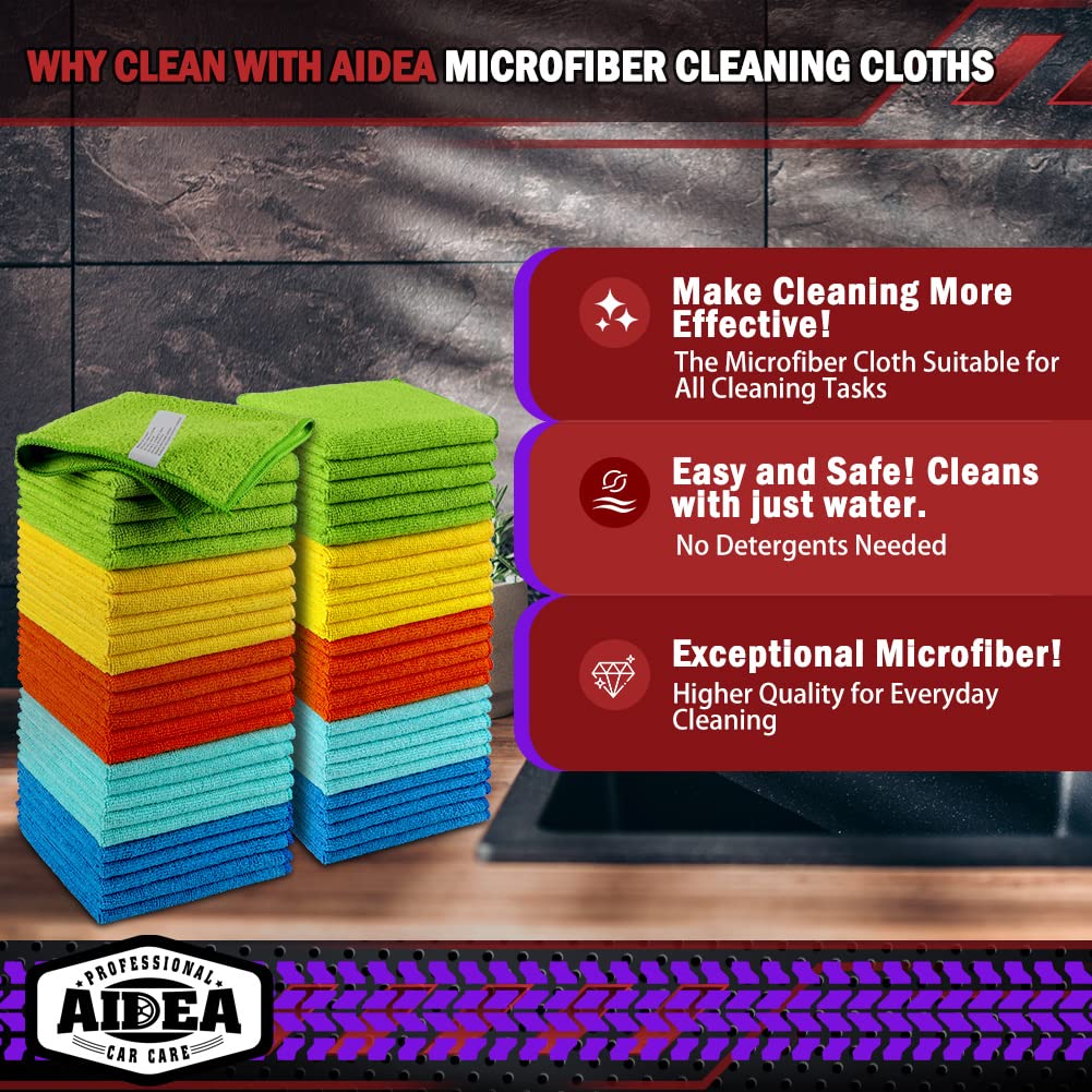 AIDEA Microfiber Cleaning Cloth-50PK, Microfiber Towels for Cars, 12"×12" Jansha Store