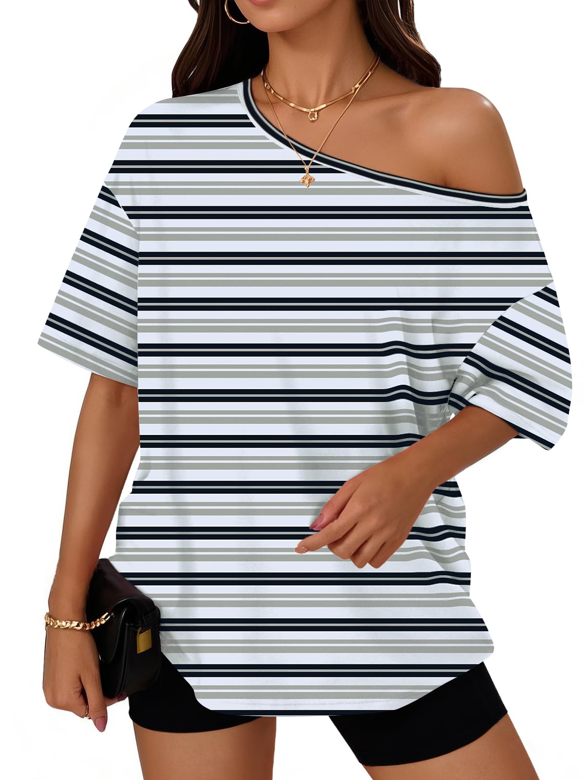 Trendy Queen Womens Off the Shoulder Tops Oversized Summer T-Shirts 2026 Jansha Store