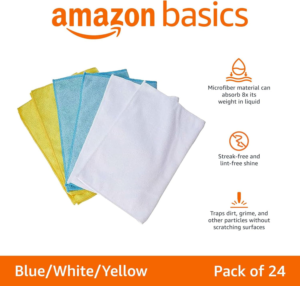 Amazon Basics Microfiber Cleaning Cloths, Ultra Absorbent, Lint Free, Streak Free, Non-Abrasive, Reusable and Washable, 16" x 12", Blue/White/Yellow, Pack of 24 Jansha Store