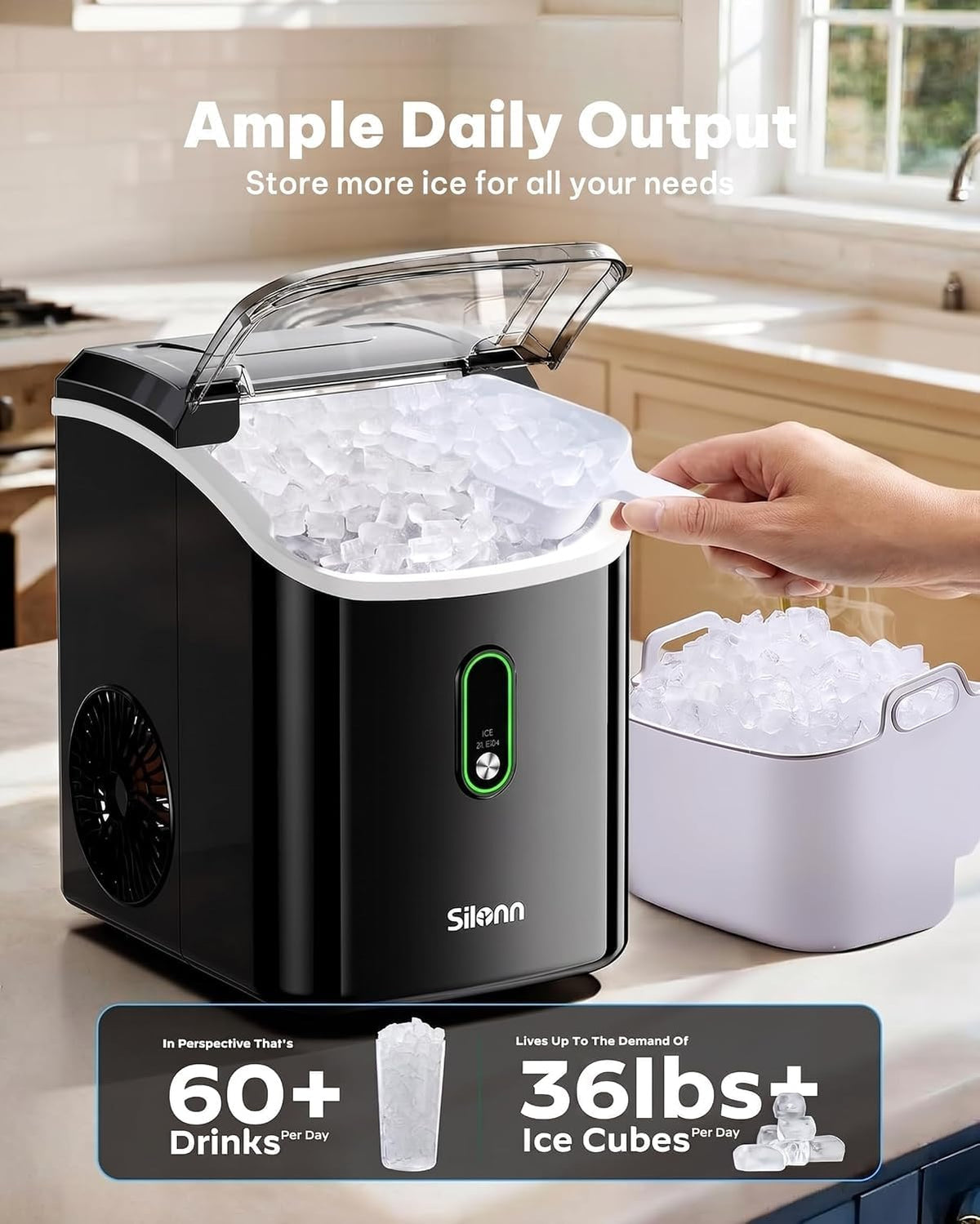 Silonn Ice Maker Countertop, 9 Cubes Ready in 6 Mins, 26lbs in 24Hrs, Self-Cleaning Ice Machine with Ice Scoop and Basket, 2 Sizes of Bullet Ice for Home Kitchen Office Bar Party Jansha Store
