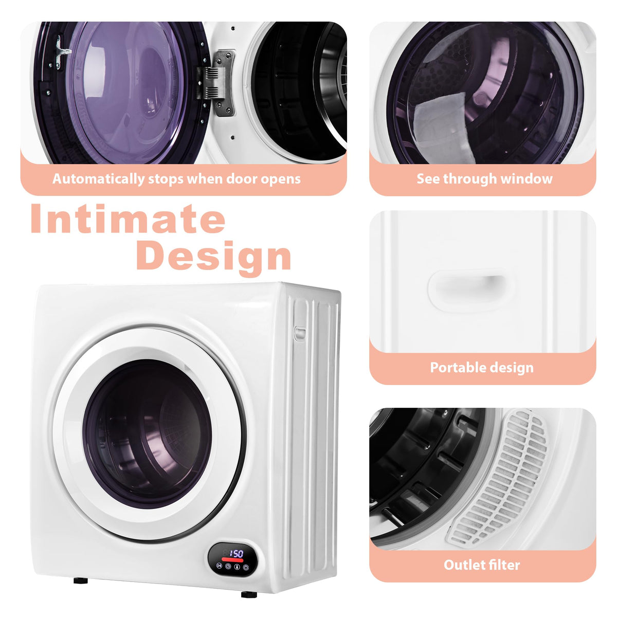 Euhomy Compact Laundry Dryer, 3.5 cu ft Front Load Stainless Steel Clothes Dryers With Exhaust Pipe, 1500W, LCD Control Panel Four-Function Portable Dryer For Apartments, Home, Dorm, White Jansha Store