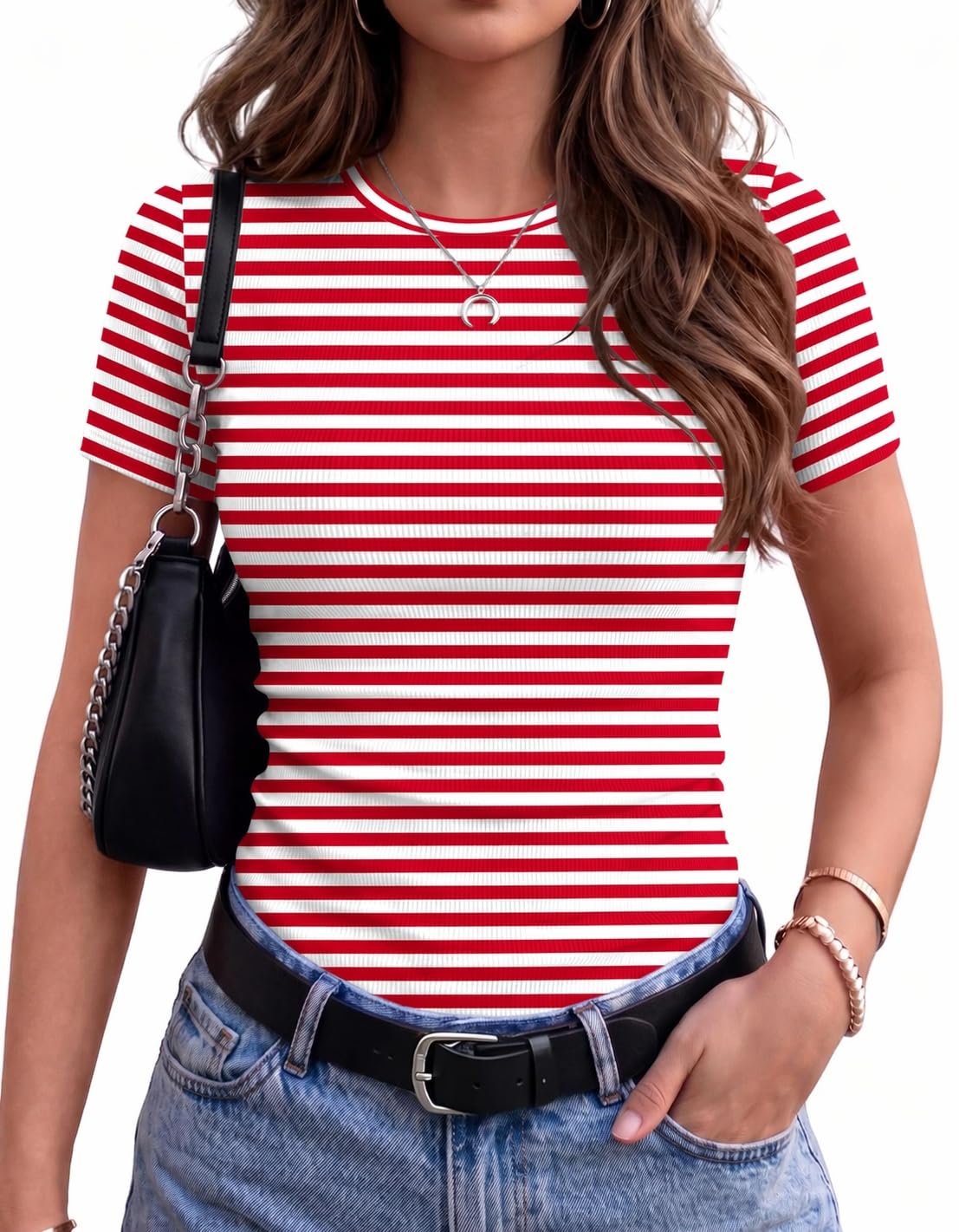 Zeagoo Women's Ribbed Short Sleeve Tops Crewneck Stretch Basic Tshirt S-2XL Jansha Store