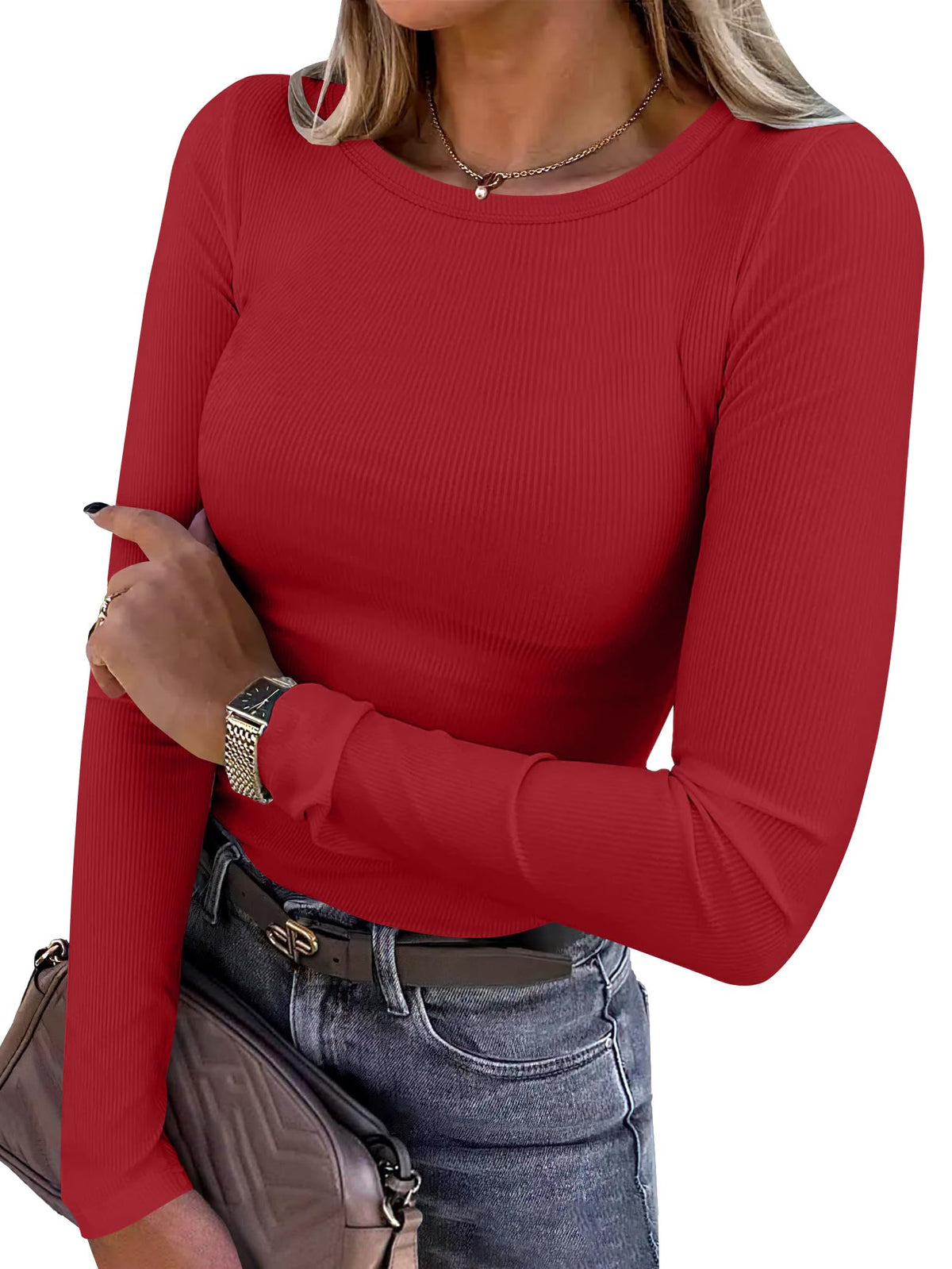 ANRABESS Women Long Sleeve Shirts Ribbed Fitted Tops Jansha Store