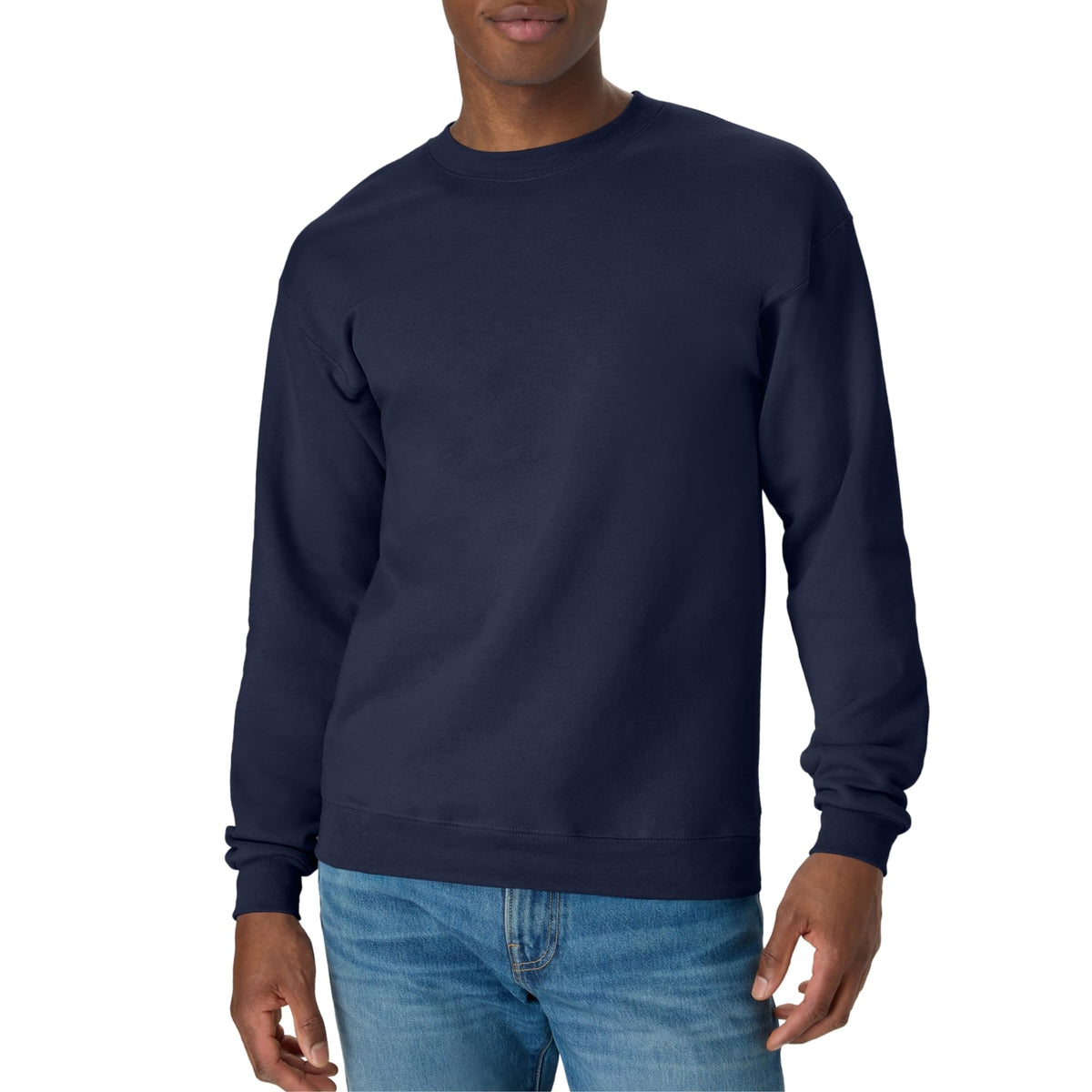 Back view of a men's fleece crewneck sweatshirt with clean plain panel