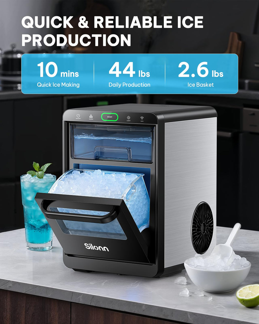 Silonn Ice Maker Countertop, 9 Cubes Ready in 6 Mins, 26lbs in 24Hrs, Self-Cleaning Ice Machine with Ice Scoop and Basket, 2 Sizes of Bullet Ice for Home Kitchen Office Bar Party Jansha Store