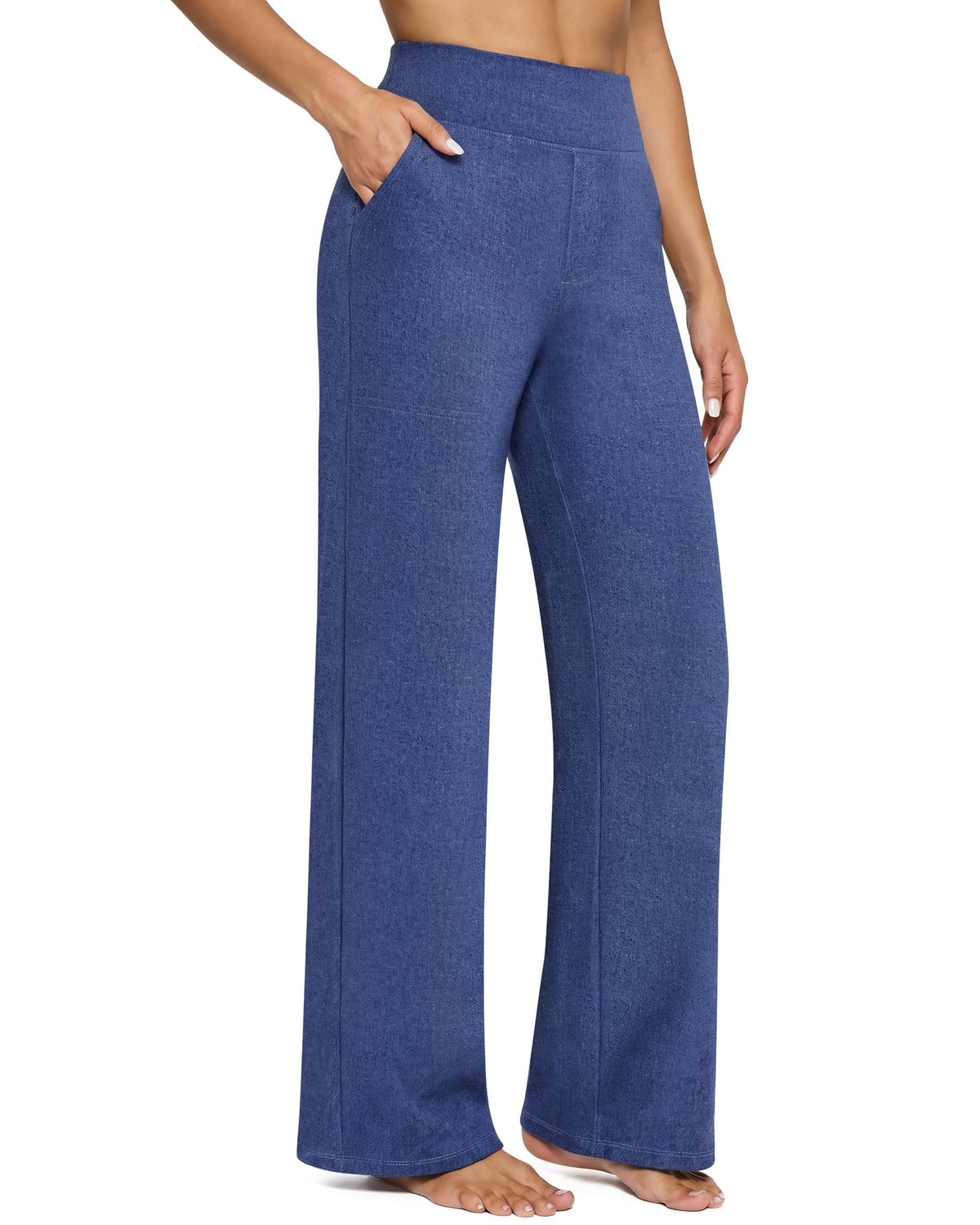 High waisted wide leg yoga pants for women shown in a lunge pose for flexibility
