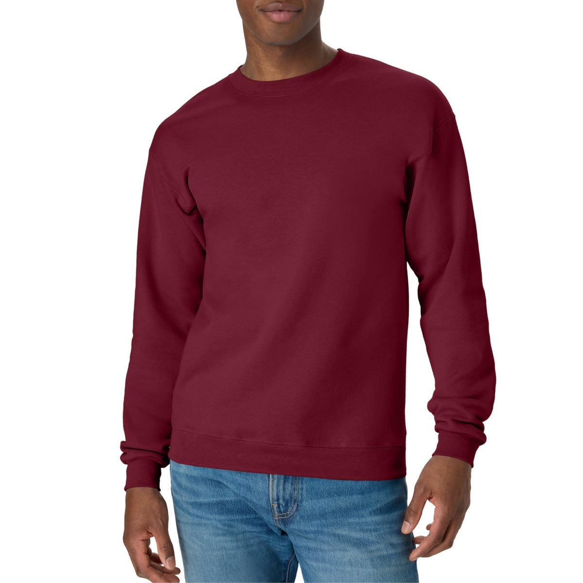Men's EcoSmart fleece sweatshirt styled with casual pants, full body