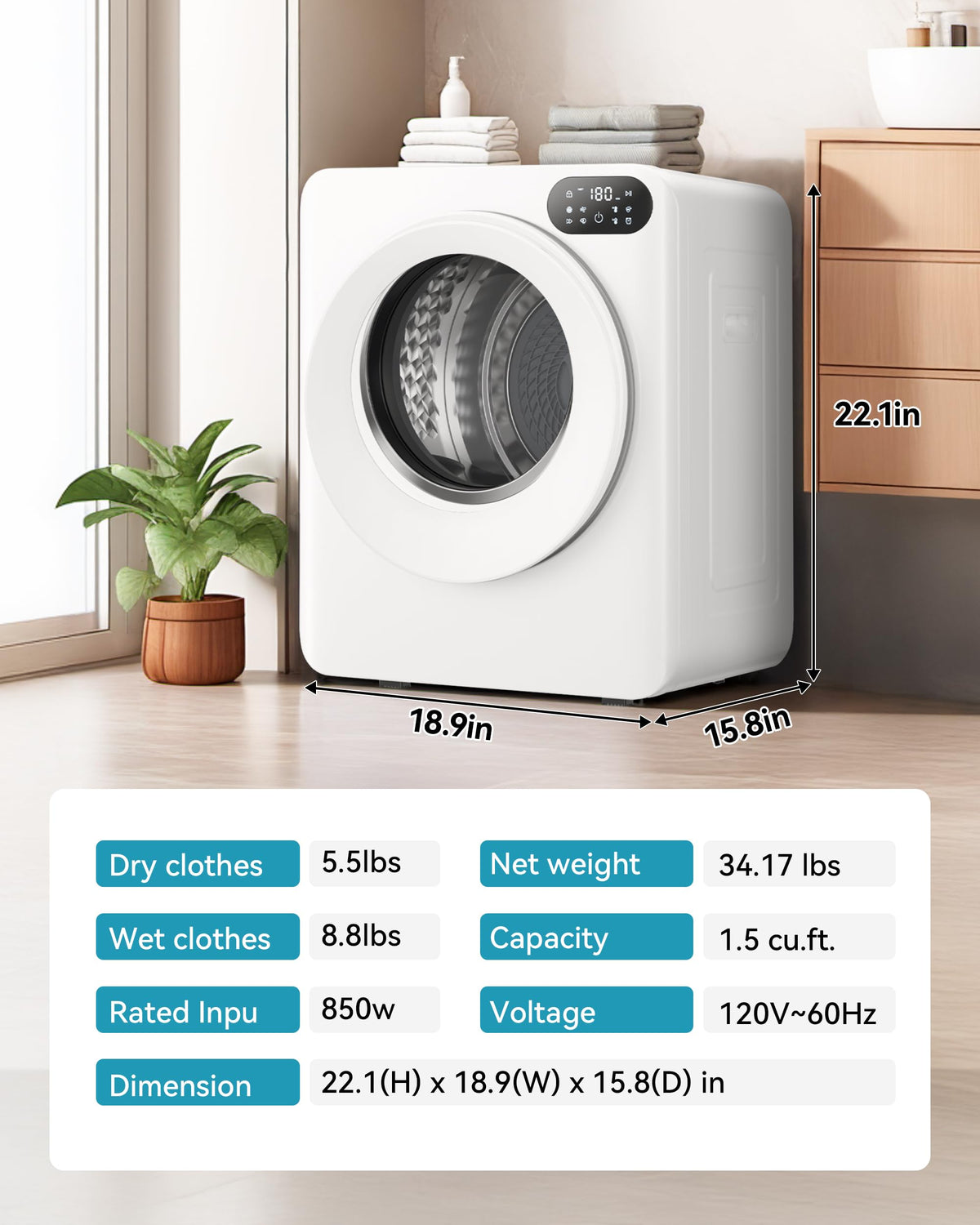 3.5 Cu. Ft. Protable Clothes Dryers with LED Control Jansha Store