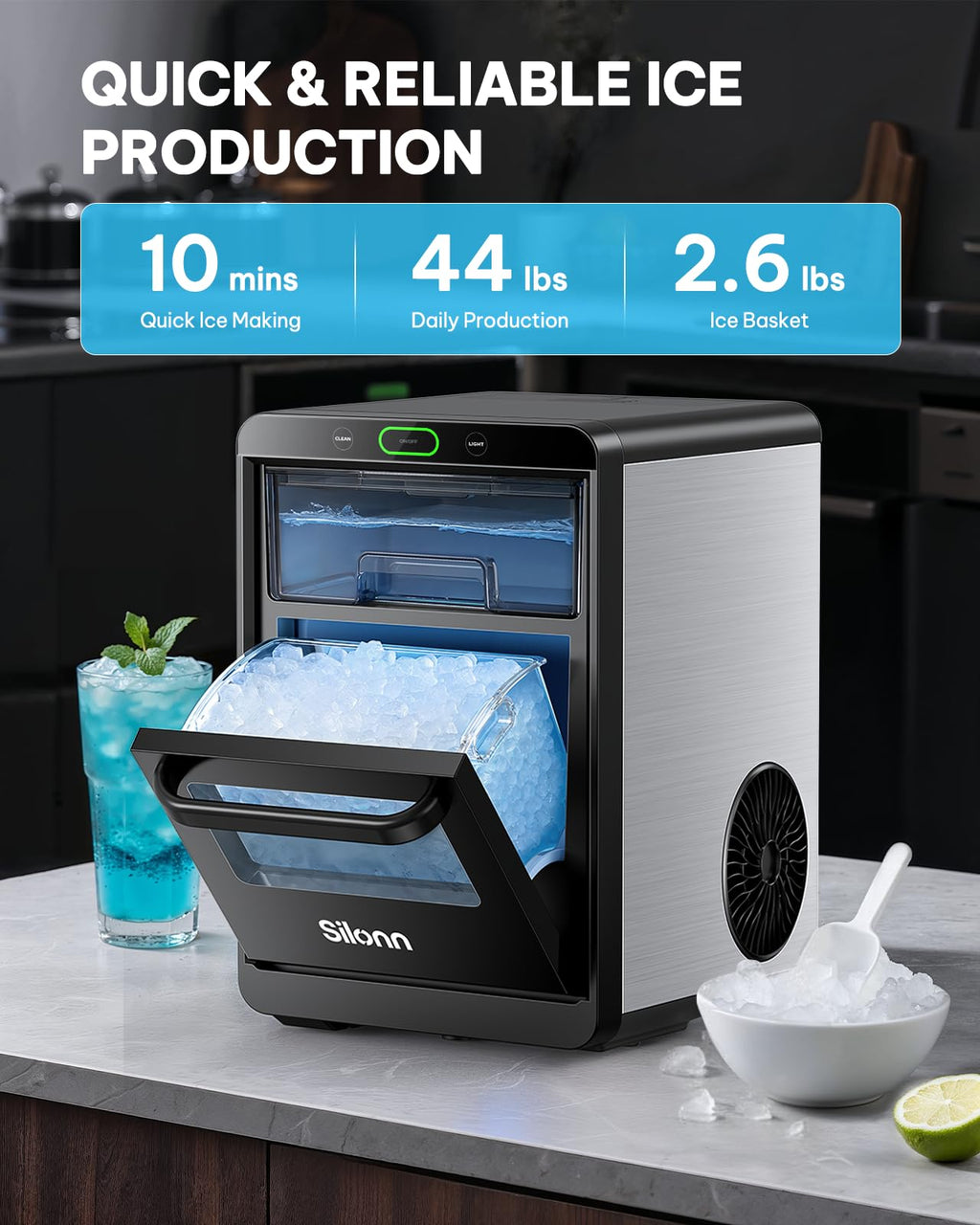 Silonn Ice Maker Countertop, Portable Ice Machine with Carry Handle, Self-Cleaning Ice Makers with Basket and Scoop, 9 Cubes in 6 Mins, 26 lbs per Day, Ideal for Home, Kitchen, Camping, RV Jansha Store