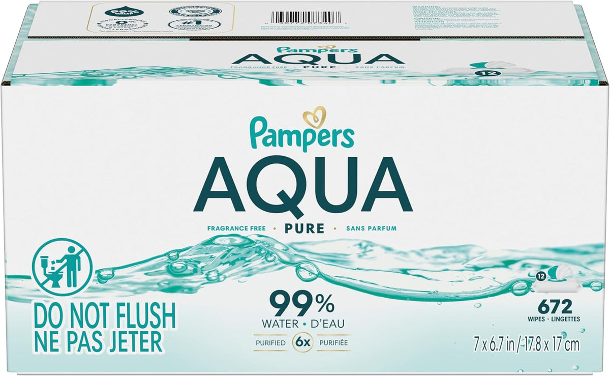 Pampers Aqua Pure Baby Wipes, Unscented, Fragrance Free, 99% Water, Water Based, Multi-Use, 672 Wipes Total (12X Flip-Top Packs) Jansha Store
