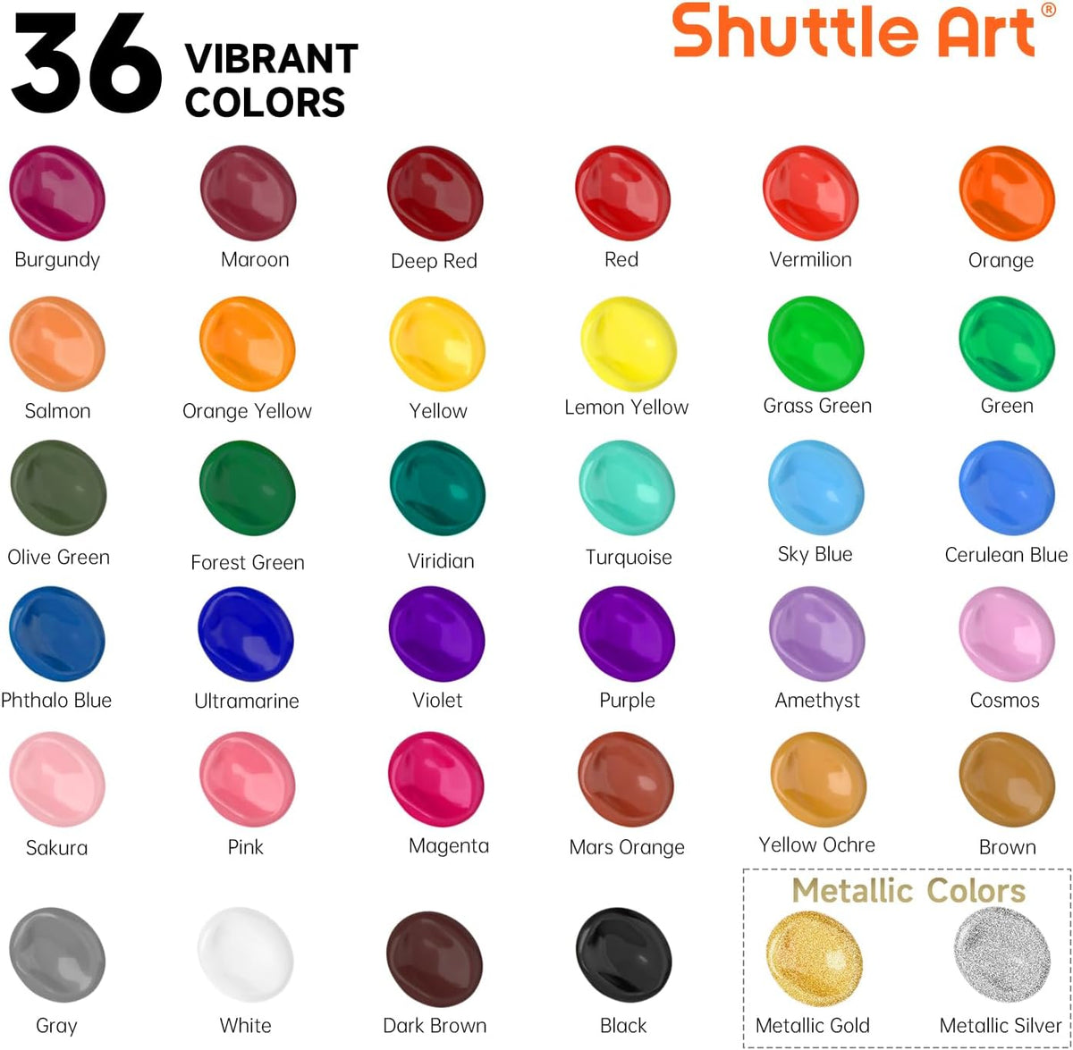 Shuttle Art Acrylic Paint, 36 Colors Acrylic Paint Set with Brushes & Palette, 2oz/60ml Bottles, Rich Pigments Non-toxic for Artists Kids & Adults, Painting on Canvas Rocks Ceramic Wood Jansha Store