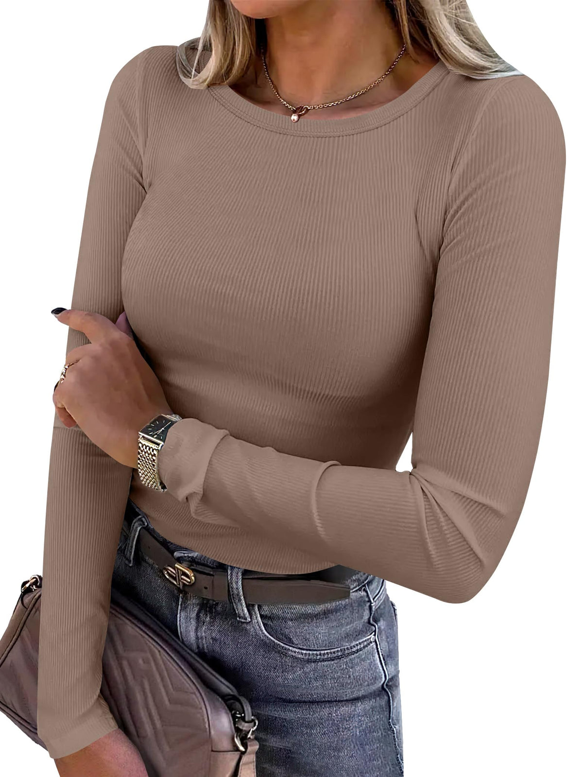Ribbed fitted top layered under a jacket for a casual look