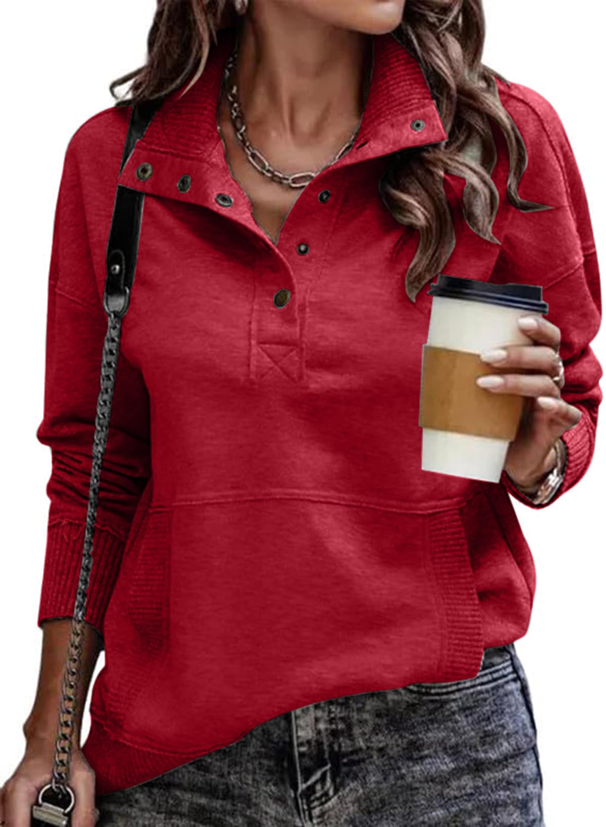 SHEWIN Women's Casual Long Sleeve Stand Neck Sweatshirt Lightweight Button Drawstring Pullover Tops Jansha Store