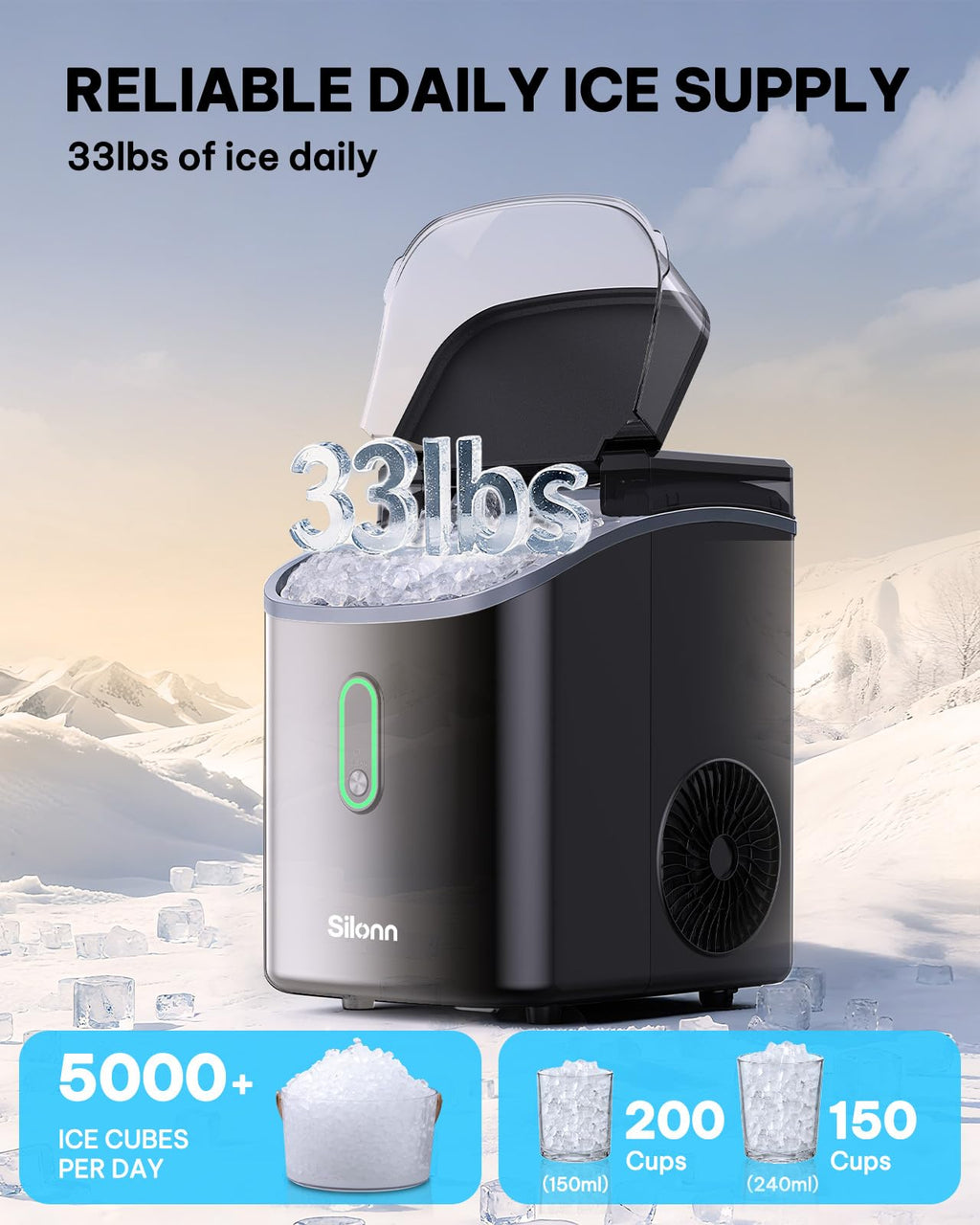 Silonn Ice Maker Countertop, 8 Bullet Ice Cubes in 6 Mins, 26.5 Lbs per Day, 2 Size Options, Self-Cleaning & Portable for Kitchen, Office, Party, RV Camping Jansha Store