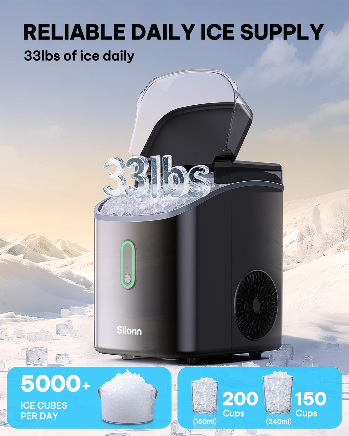 Silonn Ice Maker Countertop, 8 Bullet Ice Cubes in 6 Mins, 26.5 Lbs per Day, 2 Size Options, Self-Cleaning & Portable for Kitchen, Office, Party, RV Camping Jansha Store