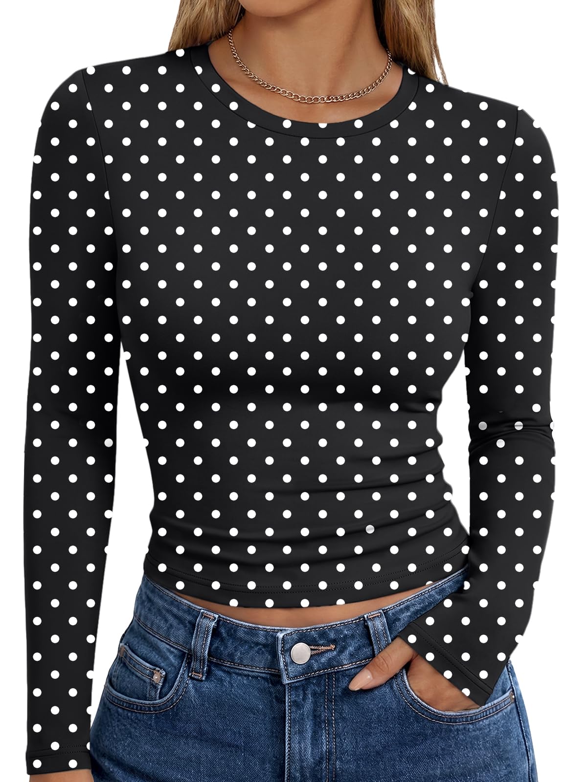 Flat lay of the women's long sleeve basic top showing the full cut and shape
