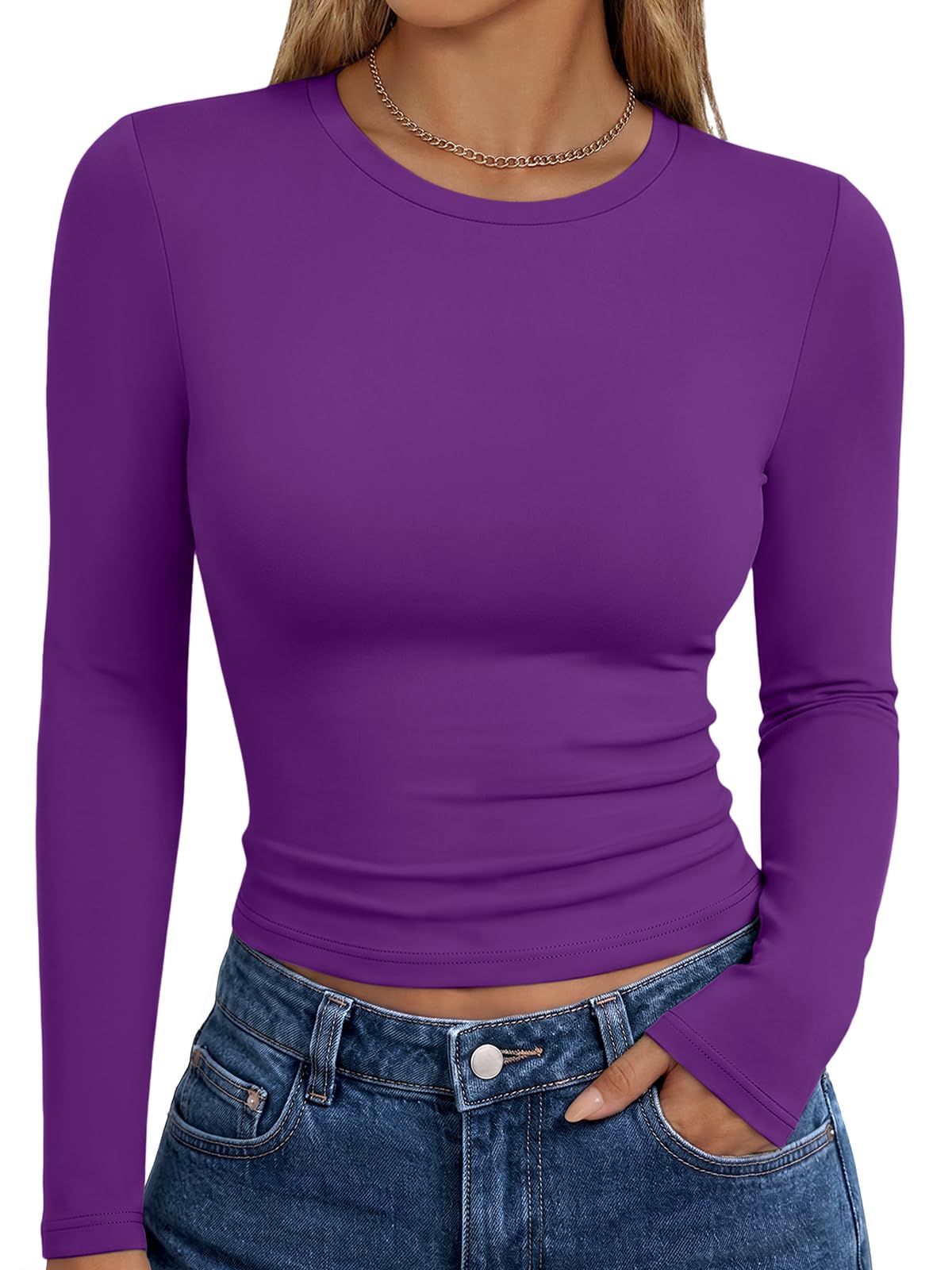 Back view of the women's long sleeve basic top with a smooth, clean finish