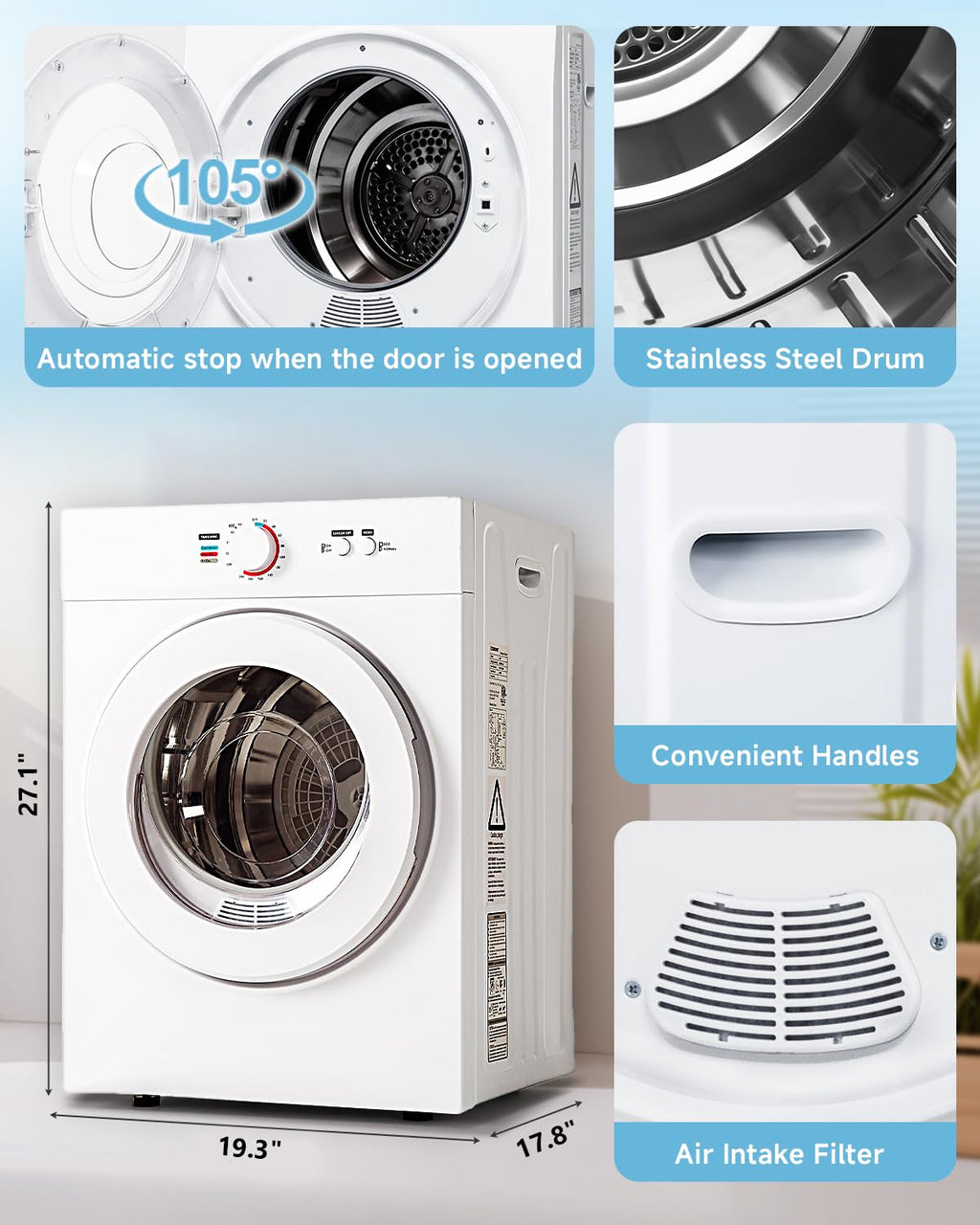Feelfunn 850W Portable Clothes Dryer with 4 Automatic Drying Modes Jansha Store