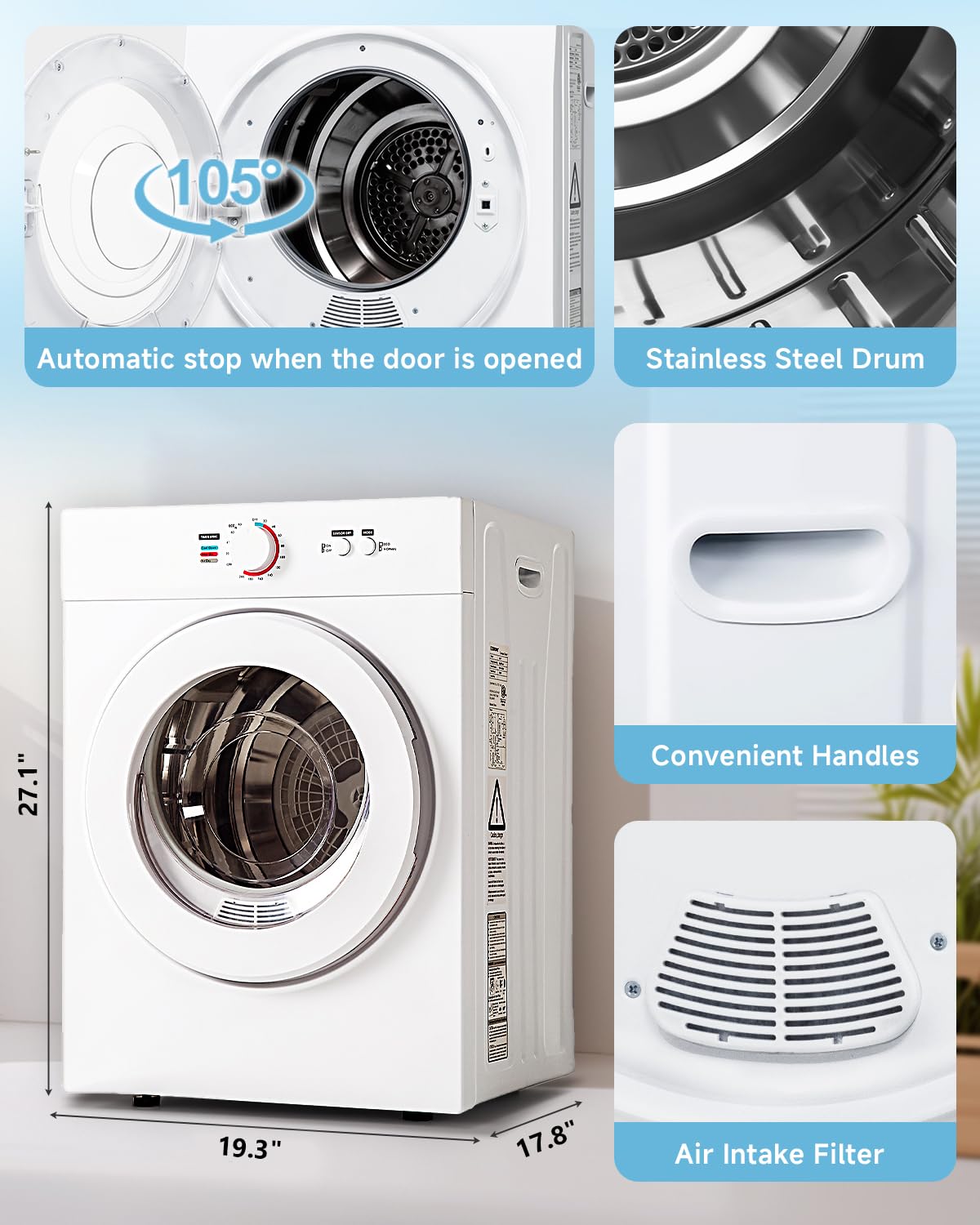 Feelfunn 850W Portable Clothes Dryer with 4 Automatic Drying Modes Jansha Store