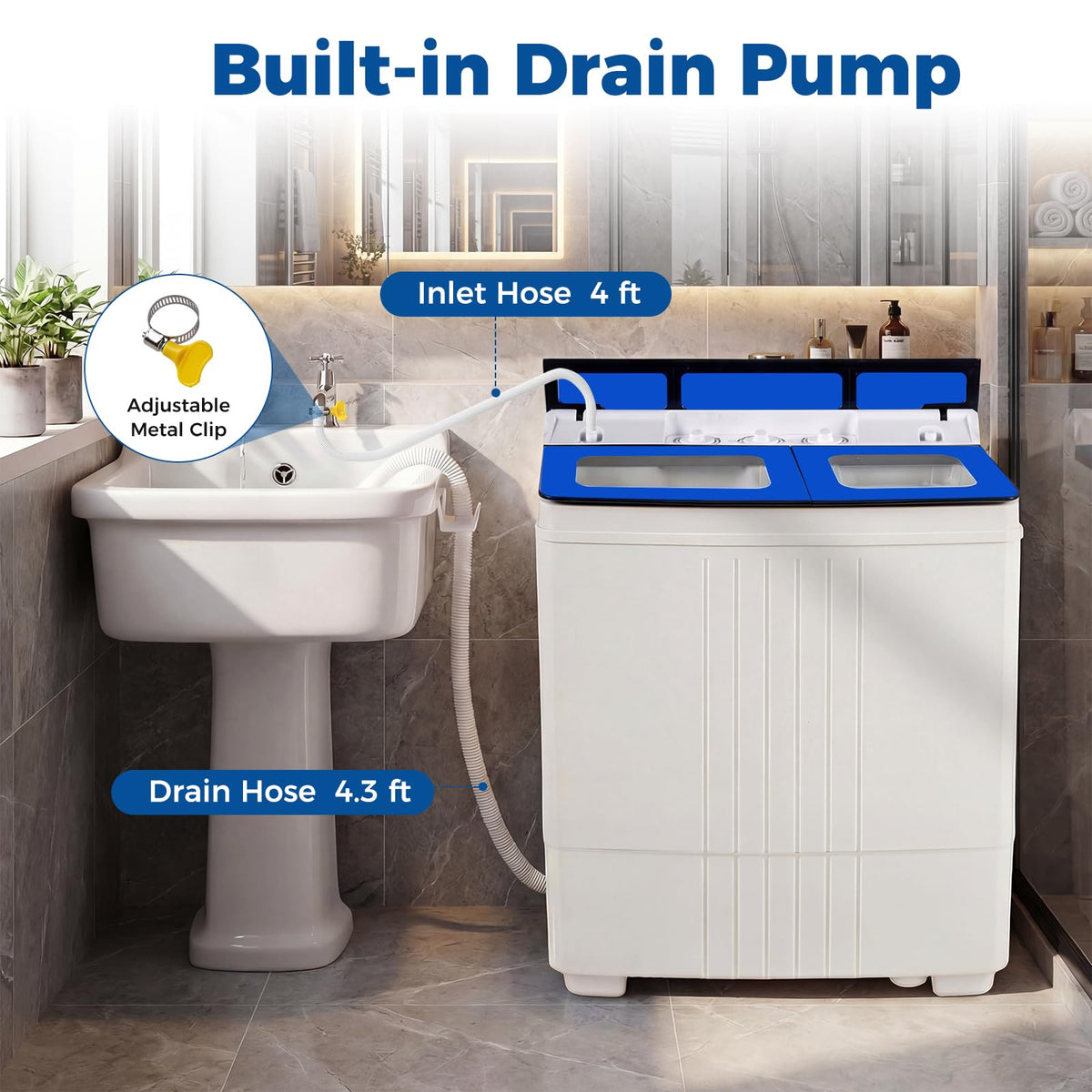 COSTWAY 26Lbs Portable Washing Machine with Built-in Drain Pump, Blue Jansha Store