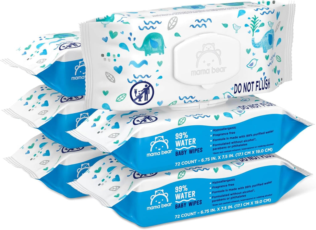 Amazon Brand - Mama Bear 99% Water Baby Wipes, Hypoallergenic, Fragrance Free,72 Count (Pack of 6) Jansha Store