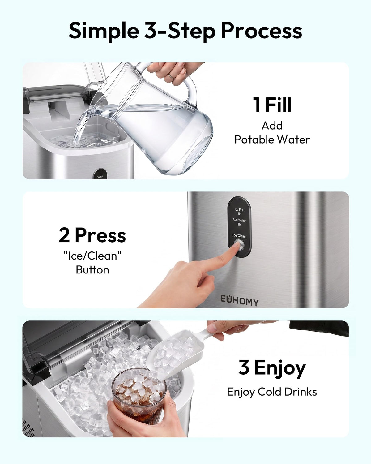 EUHOMY Nugget Ice Maker Countertop with Handle, Ready in 6 Mins, 34lbs Per Day, Removable Top Cover, Auto-Cleaning, Portable Sonic Ice Maker with Basket and Scoop, for Home/Party/RV/Camping (Black) Jansha Store