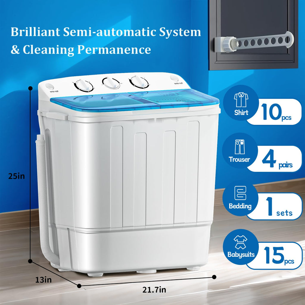 Erivess Portable Twin Tub 19lbs Washing Machine with Drying Rack and 10 Hangers, 12lbs Washer Mini Compact Laundry Machine with 7lbs Spinner, 1500rpm Semi-automatic Washer Combo for Dorm&Apartment Jansha Store