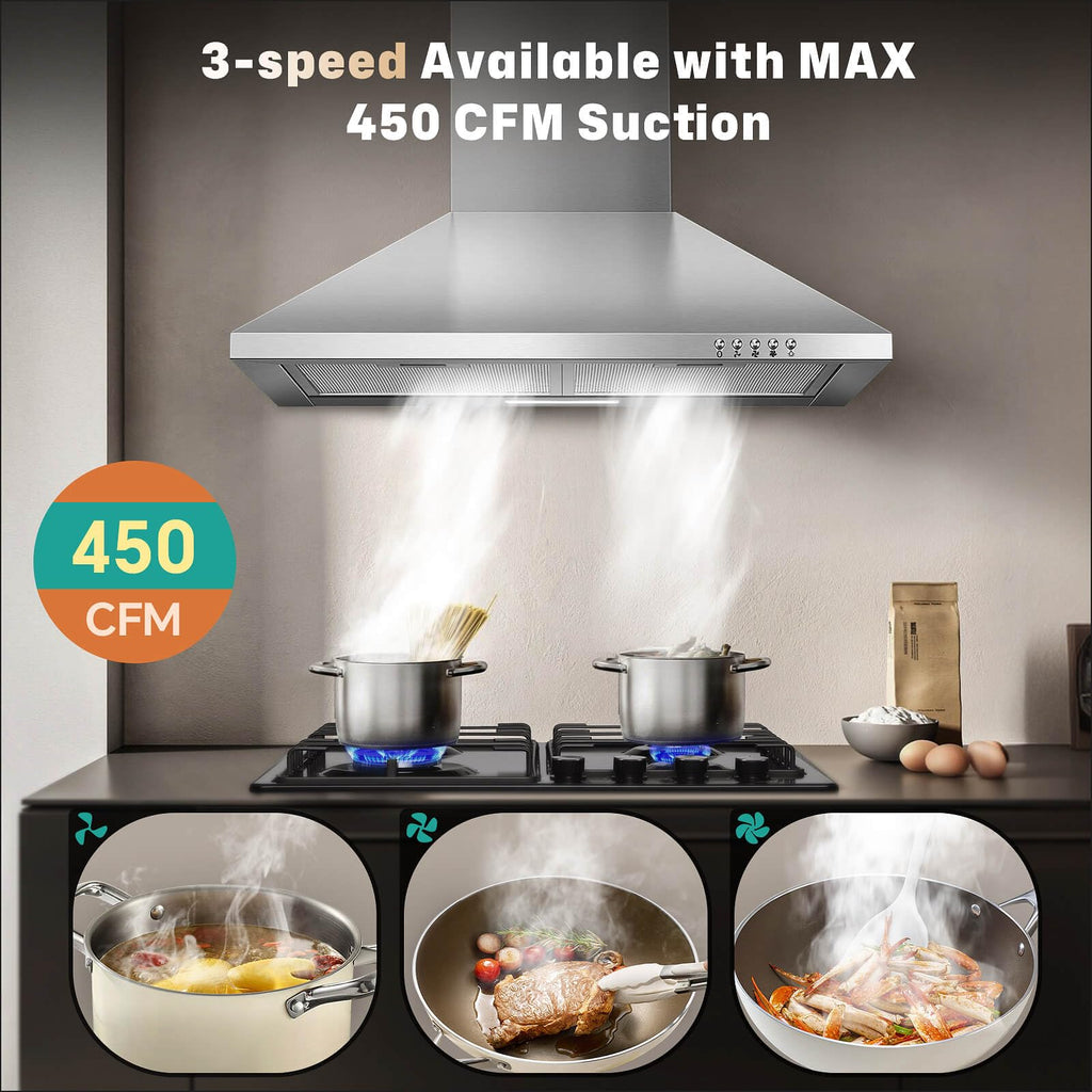 SNDOAS Black Range Hood,Wall Mount Range Hood 30 inch,Stainless Steel Kitchen Hood with Ducted/Ductless Convertible,Stove Vent Hood,Aluminum Filters,3 Speed Exhaust Fan,LED Light,Button Control Jansha Store