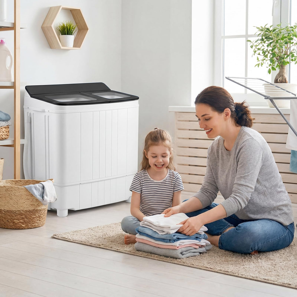 COSTWAY 26Lbs Portable Washing Machine with Built-in Drain Pump, Blue Jansha Store
