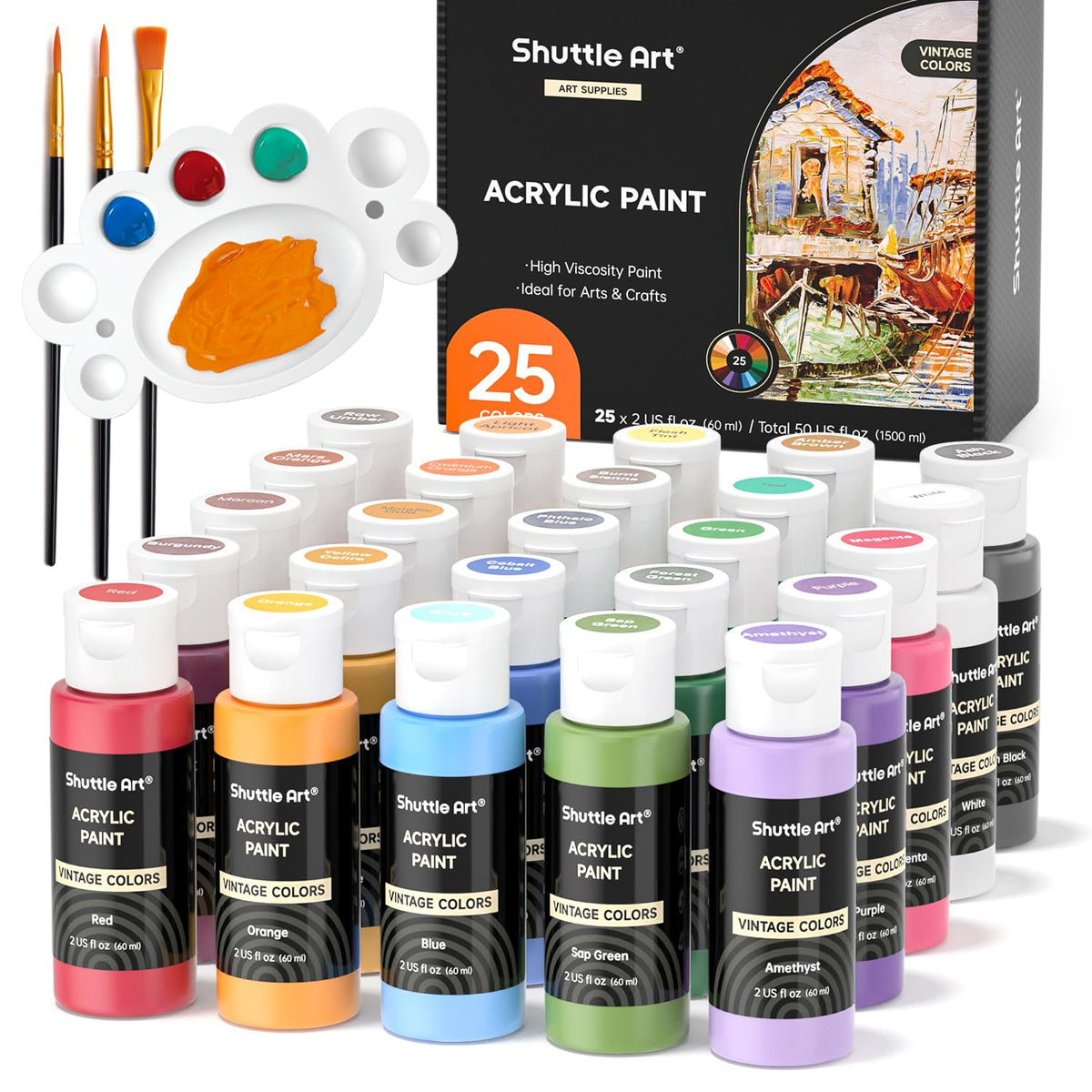 Shuttle Art Acrylic Paint, 36 Colors Acrylic Paint Set with Brushes & Palette, 2oz/60ml Bottles, Rich Pigments Non-toxic for Artists Kids & Adults, Painting on Canvas Rocks Ceramic Wood Jansha Store