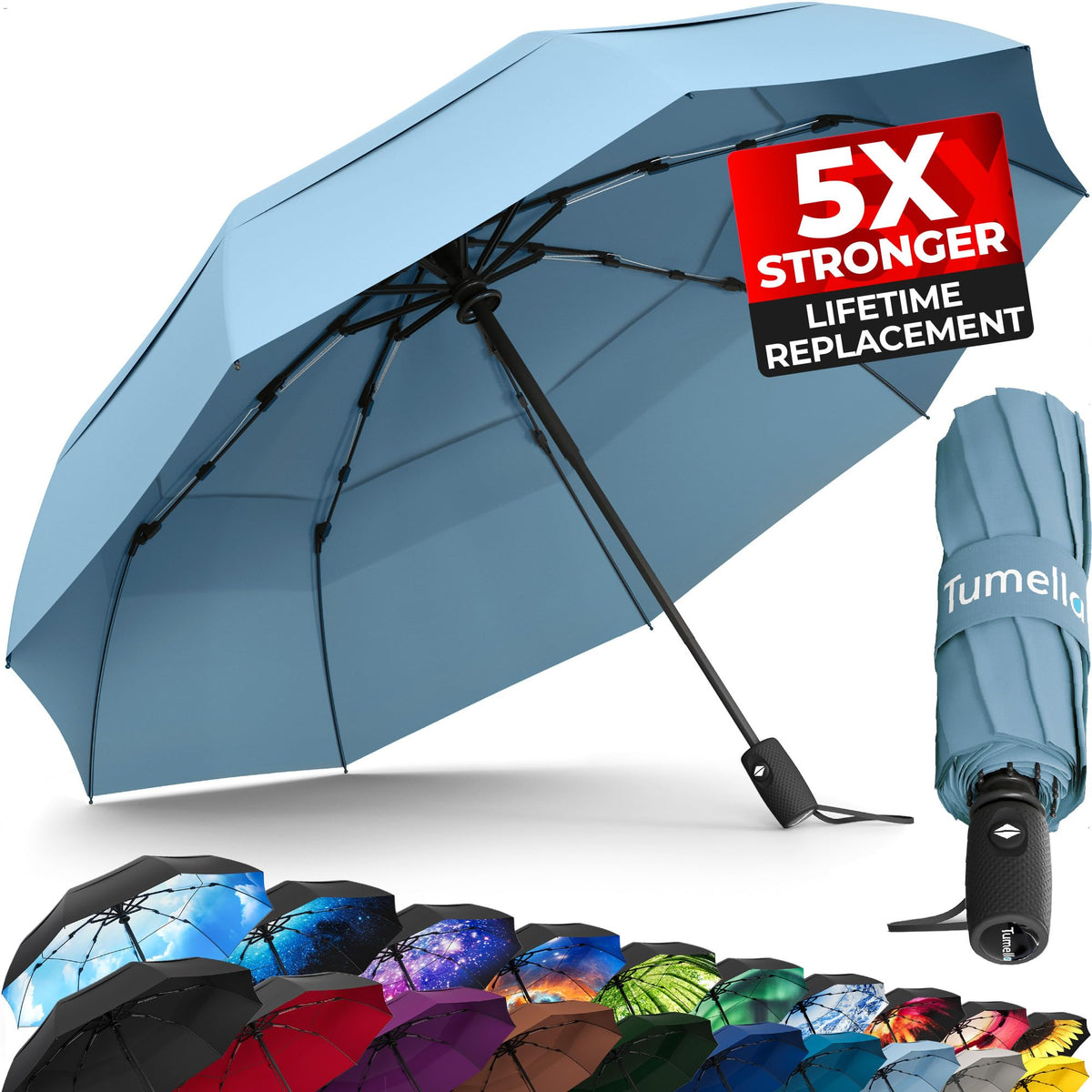TUMELLA Strongest Windproof Travel Umbrella (Compact, 100MPH Wind-Tested), Light, Portable, One-Handed Use, Automatic Folding Rain Umbrella, Durable, Premium Grip, Fits Car & Backpack Jansha Store