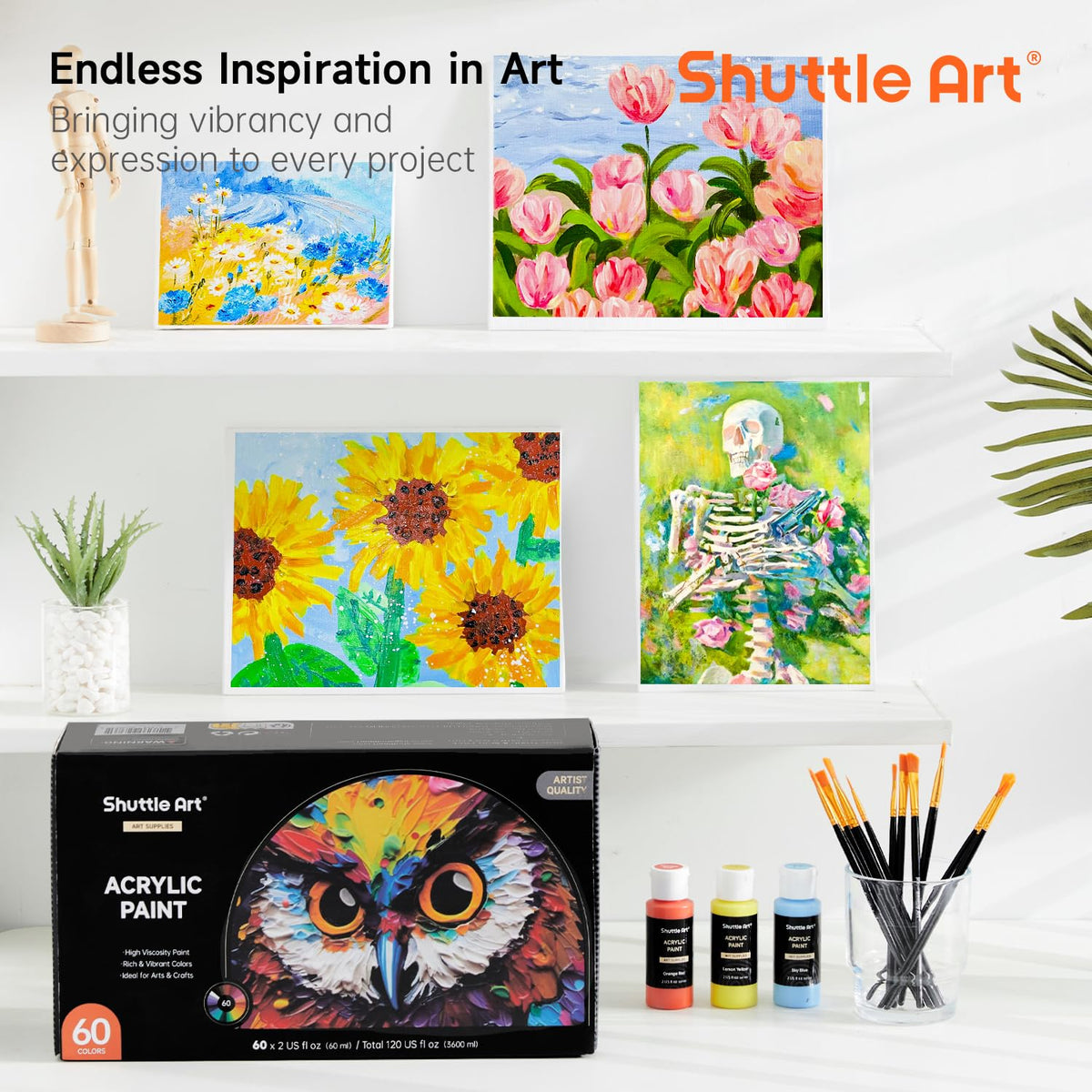 Shuttle Art Acrylic Paint, 36 Colors Acrylic Paint Set with Brushes & Palette, 2oz/60ml Bottles, Rich Pigments Non-toxic for Artists Kids & Adults, Painting on Canvas Rocks Ceramic Wood Jansha Store