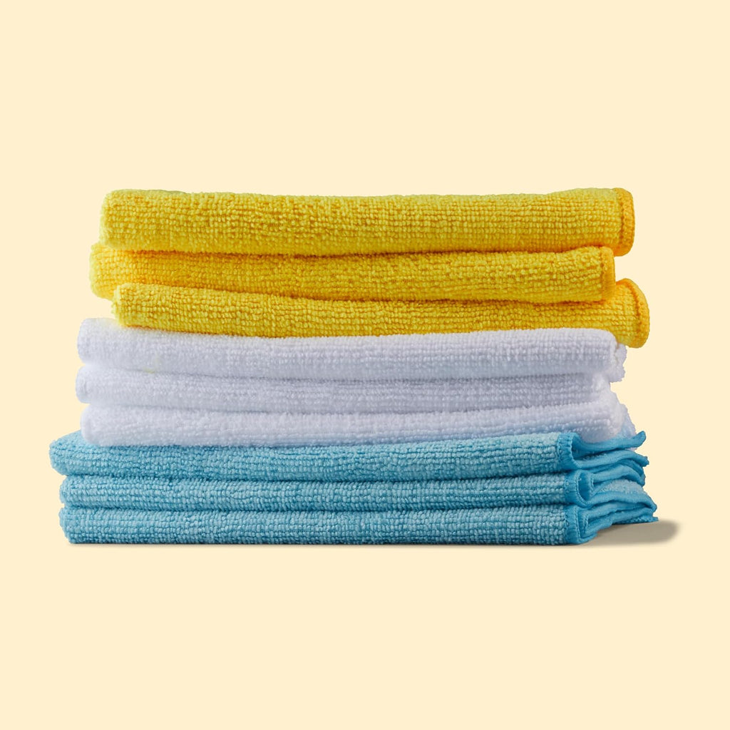 Amazon Basics Microfiber Cleaning Cloths, Ultra Absorbent, Lint Free, Streak Free, Non-Abrasive, Reusable and Washable, 16" x 12", Blue/White/Yellow, Pack of 24 Jansha Store