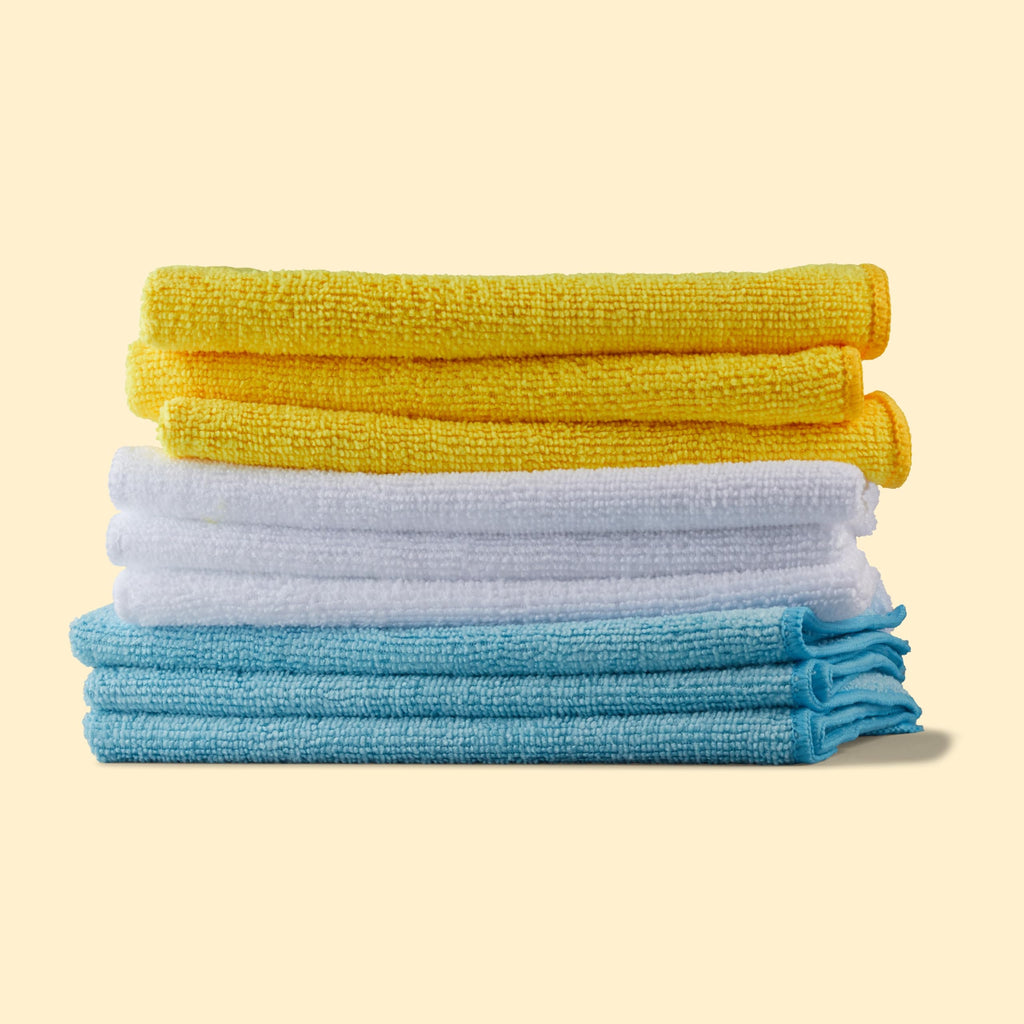 Amazon Basics Microfiber Cleaning Cloths, Ultra Absorbent, Lint Free, Streak Free, Non-Abrasive, Reusable and Washable, 16" x 12", Blue/White/Yellow, Pack of 24 Jansha Store