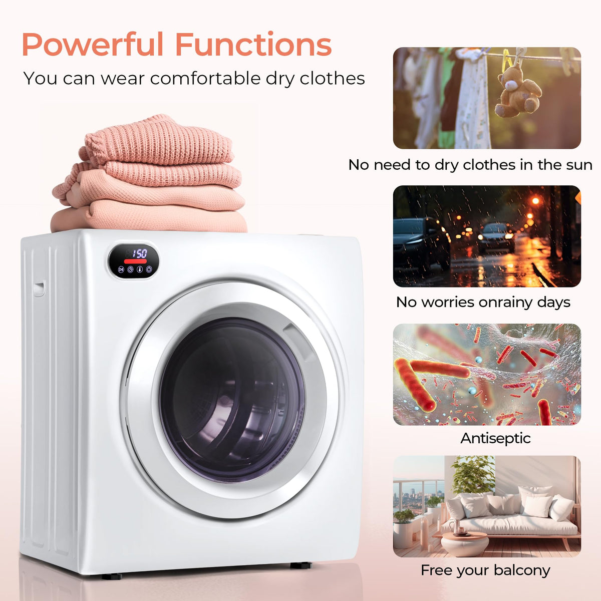 Euhomy Compact Laundry Dryer, 3.5 cu ft Front Load Stainless Steel Clothes Dryers With Exhaust Pipe, 1500W, LCD Control Panel Four-Function Portable Dryer For Apartments, Home, Dorm, White Jansha Store