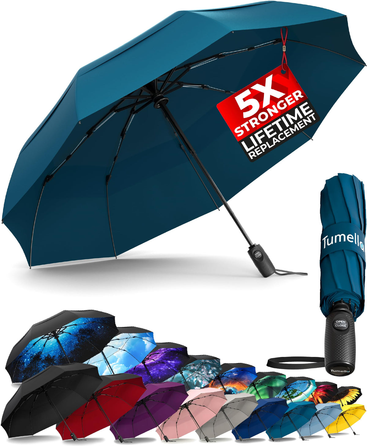 TUMELLA Strongest Windproof Travel Umbrella (Compact, 100MPH Wind-Tested), Light, Portable, One-Handed Use, Automatic Folding Rain Umbrella, Durable, Premium Grip, Fits Car & Backpack Jansha Store