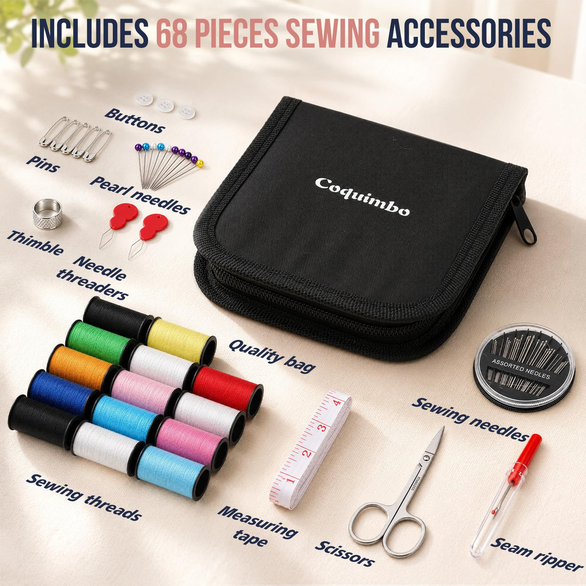 Coquimbo Sewing Kit Gifts for Adults Teen Grils Women Mom Grandma, Portable Sewing Supplies Contains Tape Measure, Scissors, Thimble, Thread, Sewing Needles (Beige, M) Jansha Store