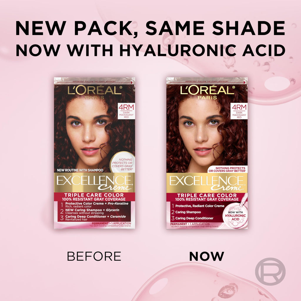 L'Oreal Paris Excellence Crème Permanent Hair Dye, Triple Care Hair Color with Hyaluronic Acid for 100% Gray Coverage, 4 Dark Brown, 1 Kit (Packaging May Vary) Jansha Store