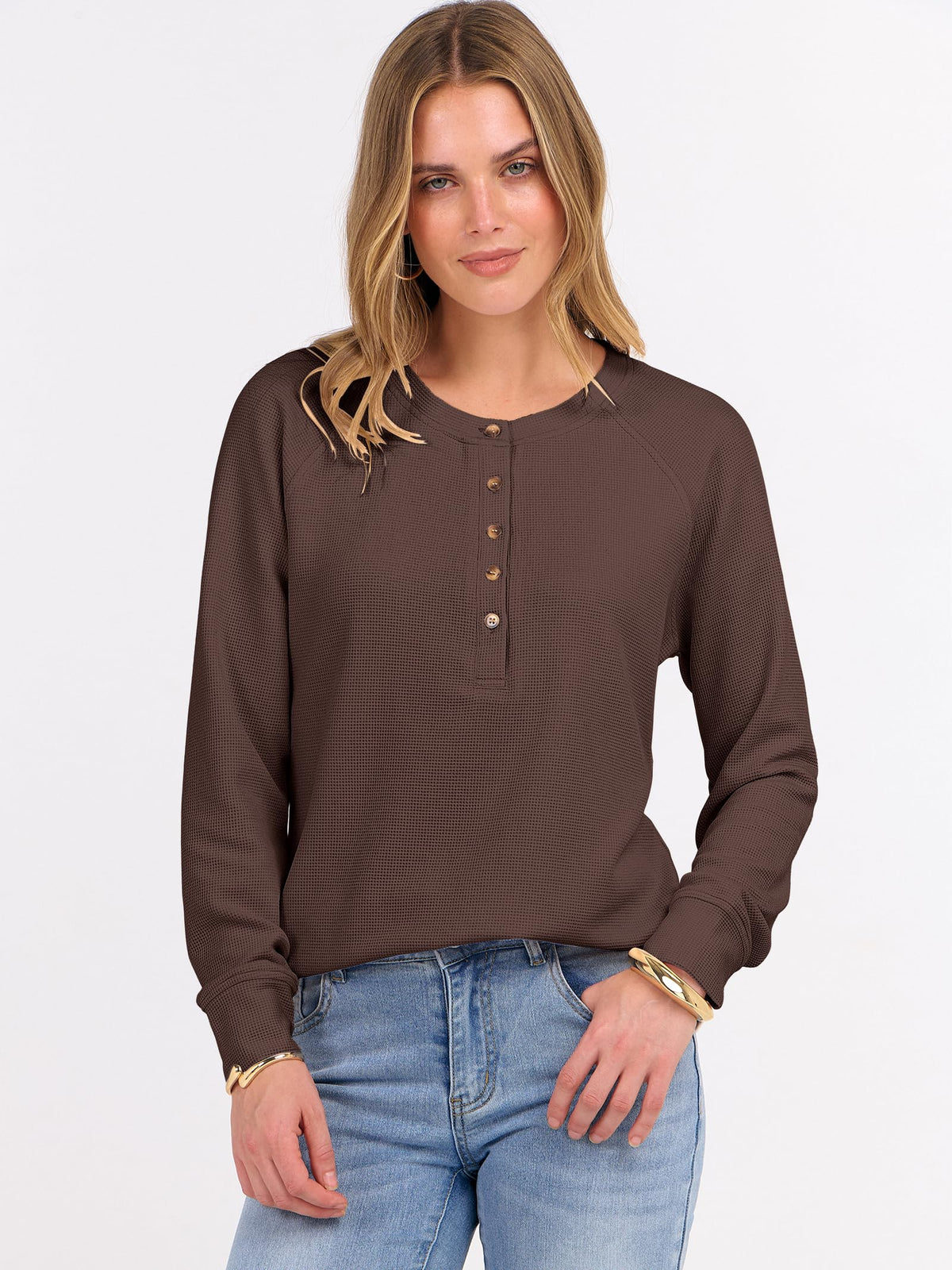ANRABESS Women's Waffle Knit Henley Top Long Sleeve Shirts Jansha Store
