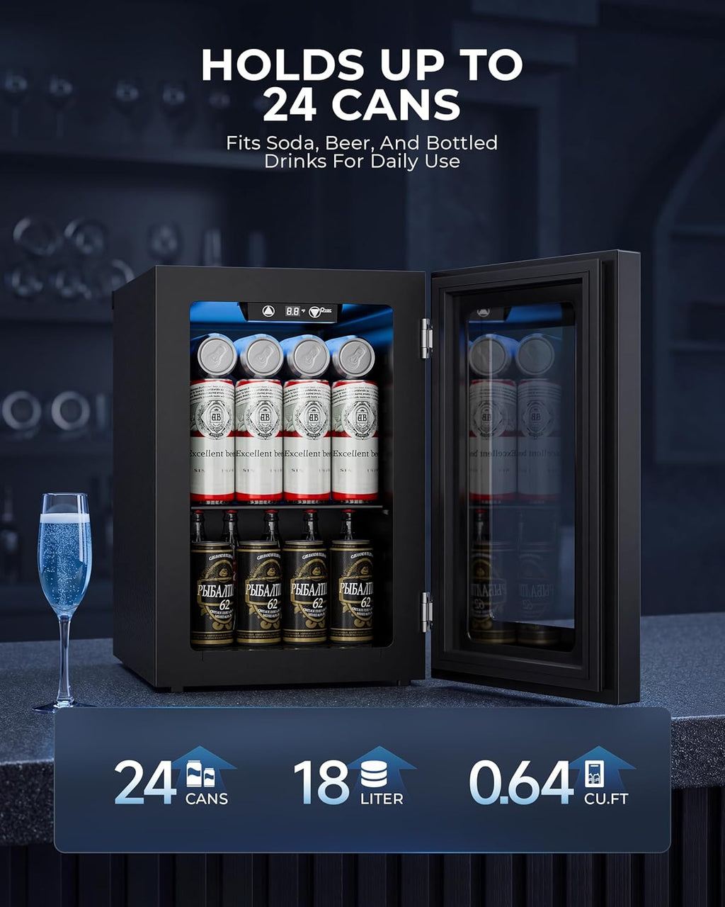 18L Beverage Refrigerator Cooler, 24-Can Mini Fridge with Glass Door Jansha Store