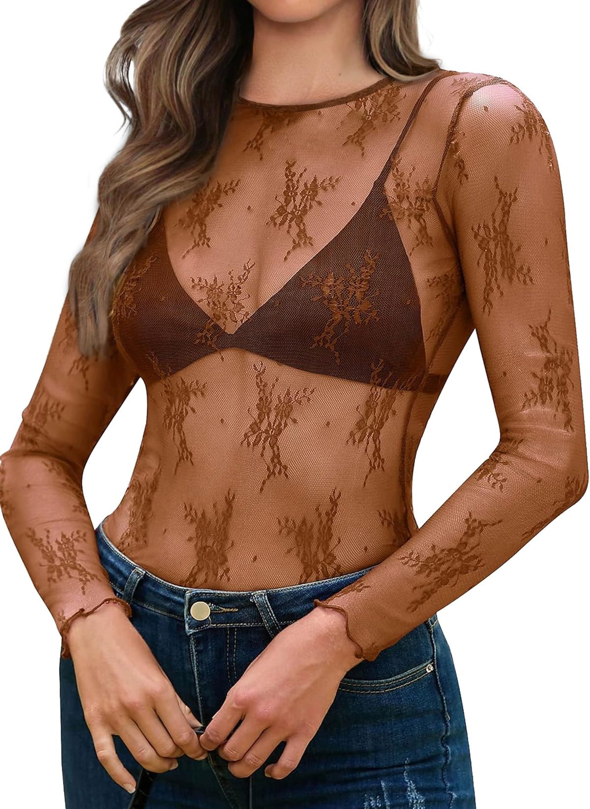 OFEEFAN Womens Mesh Tops Lace Long Sleeve Shirts Crewneck Slim Fitted Outfits See Through Blouses Jansha Store