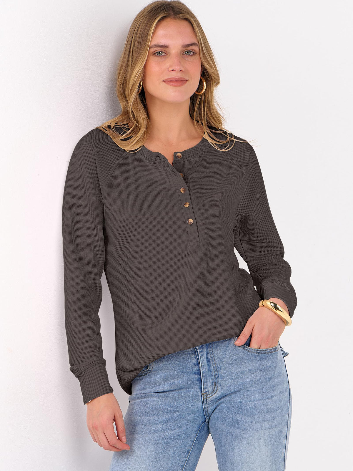 ANRABESS Women's Waffle Knit Henley Top Long Sleeve Shirts Jansha Store