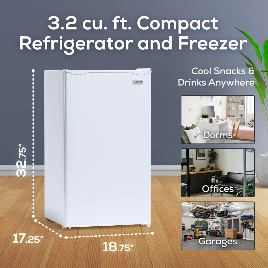 Igloo 3.2 Cu.Ft. Mini Fridge with Freezer - Single Door Compact Refrigerator with Glass Shelves for Homes, Dorms & Offices- Keep Snacks, Drinks & Frozen Foods Cool with Temperature Control Mini Fridge Jansha Store