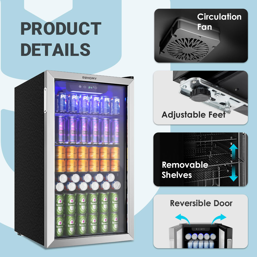 EUHOMY 145 Can Mini Fridge, 4.5 Cu.ft Beverage Refrigerator with Glass Door Jansha Store