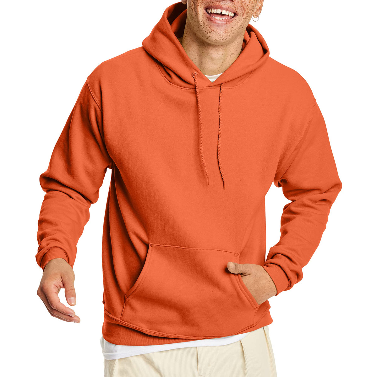 Hanes EcoSmart midweight hoodie worn casually with sleeves slightly pushed up