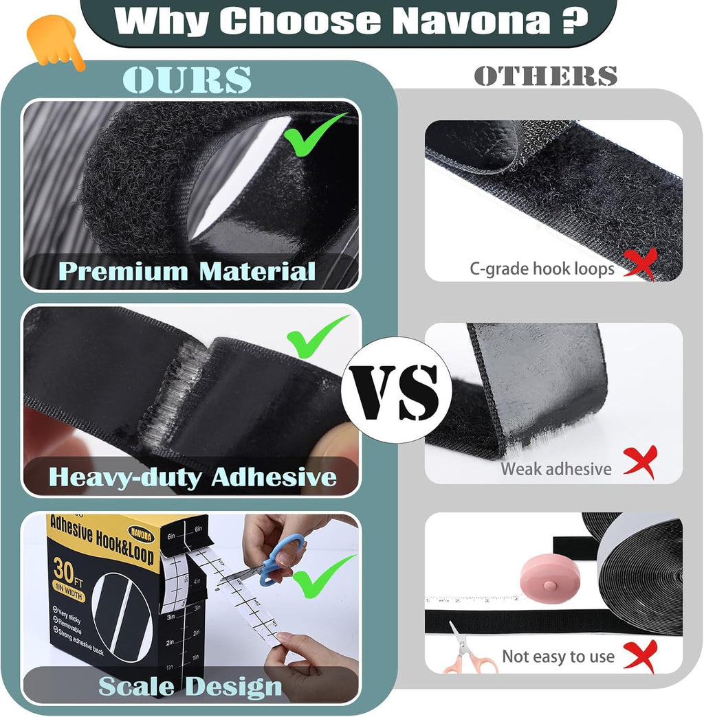 Navona 30Ft x 1 Inch Heavy Duty Hook and Loop Strips with Adhesive, Black Jansha Store