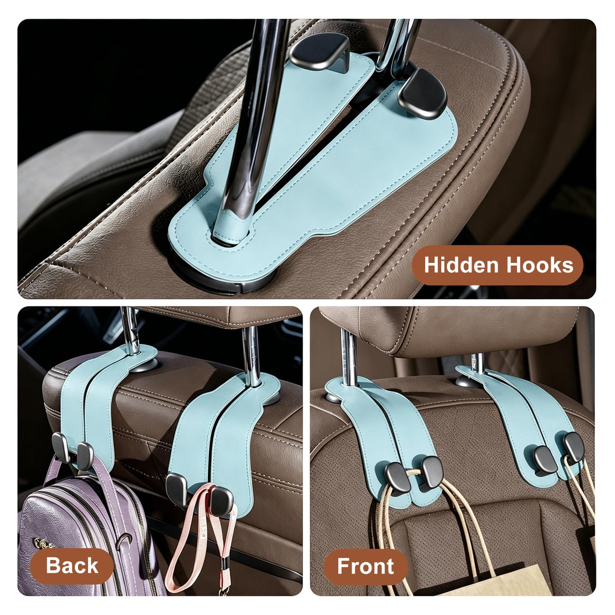 CoBak Purse Hook for Car - Universal Premium Stitched Leather and Aluminum-Magnesium Alloy Double Car Seat Back Storage Hook for Purses, Handbags, Bags (2 Pack),Black Jansha Store